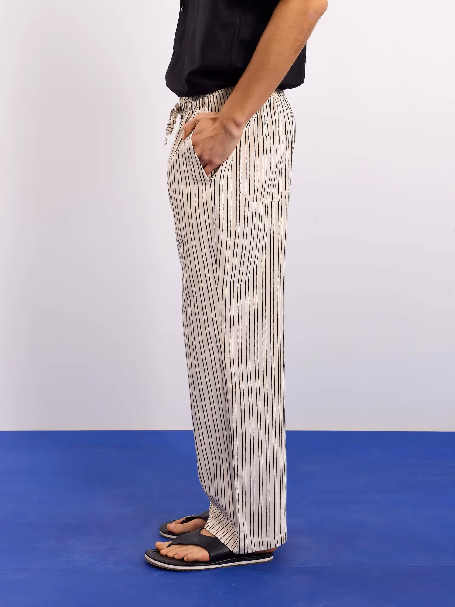 Cream Striped Textured Pull-on Pants  image 7