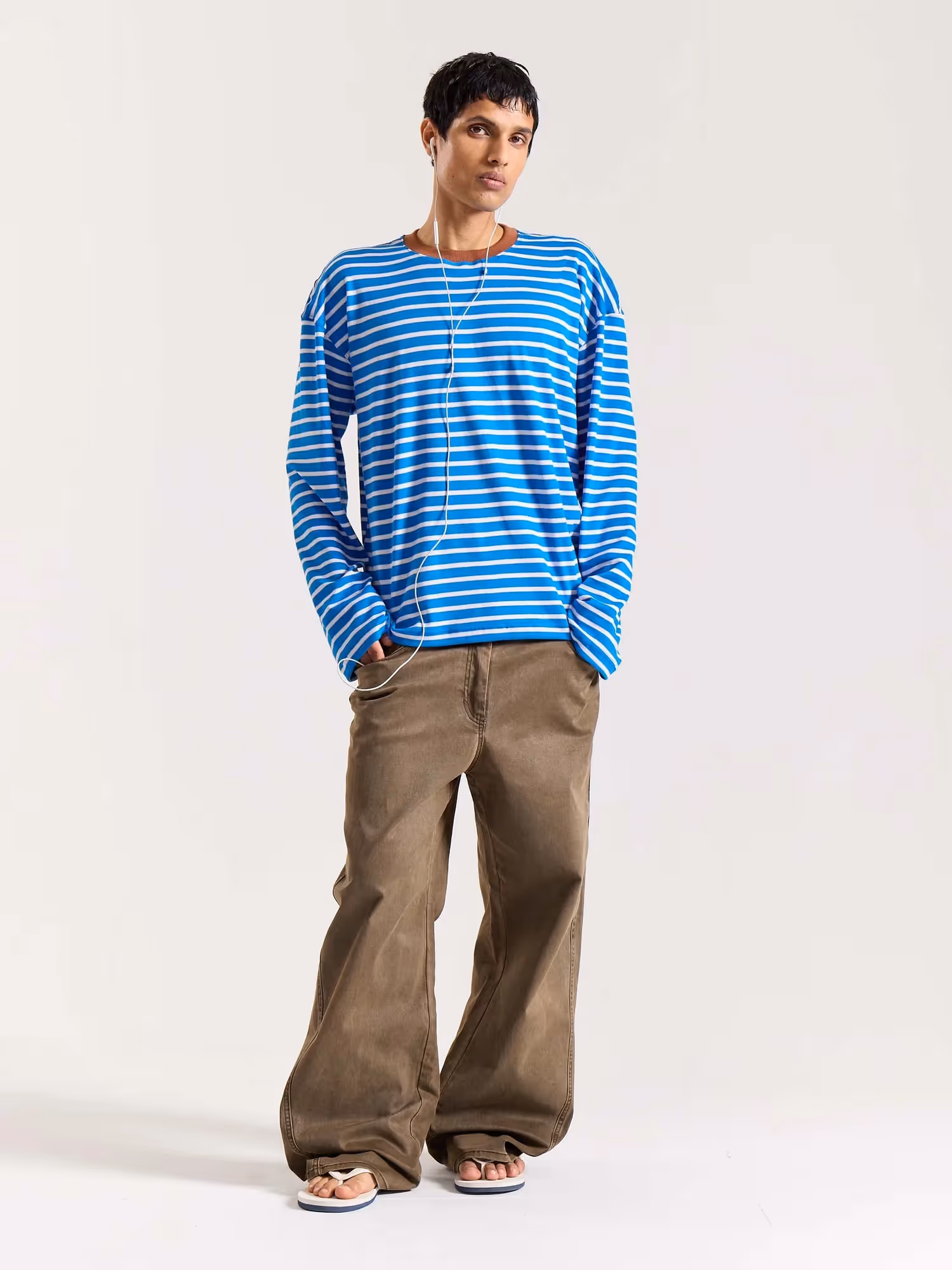Cyan Blue & White Striped Loose Fit Cropped T-Shirt image 1