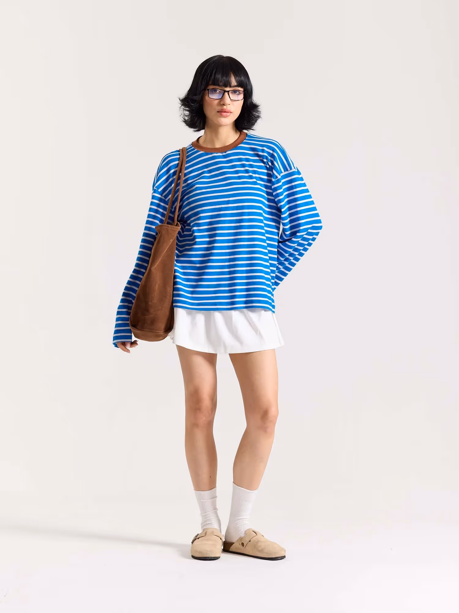 Cyan Blue & White Striped Loose Fit Cropped T-Shirt image 2