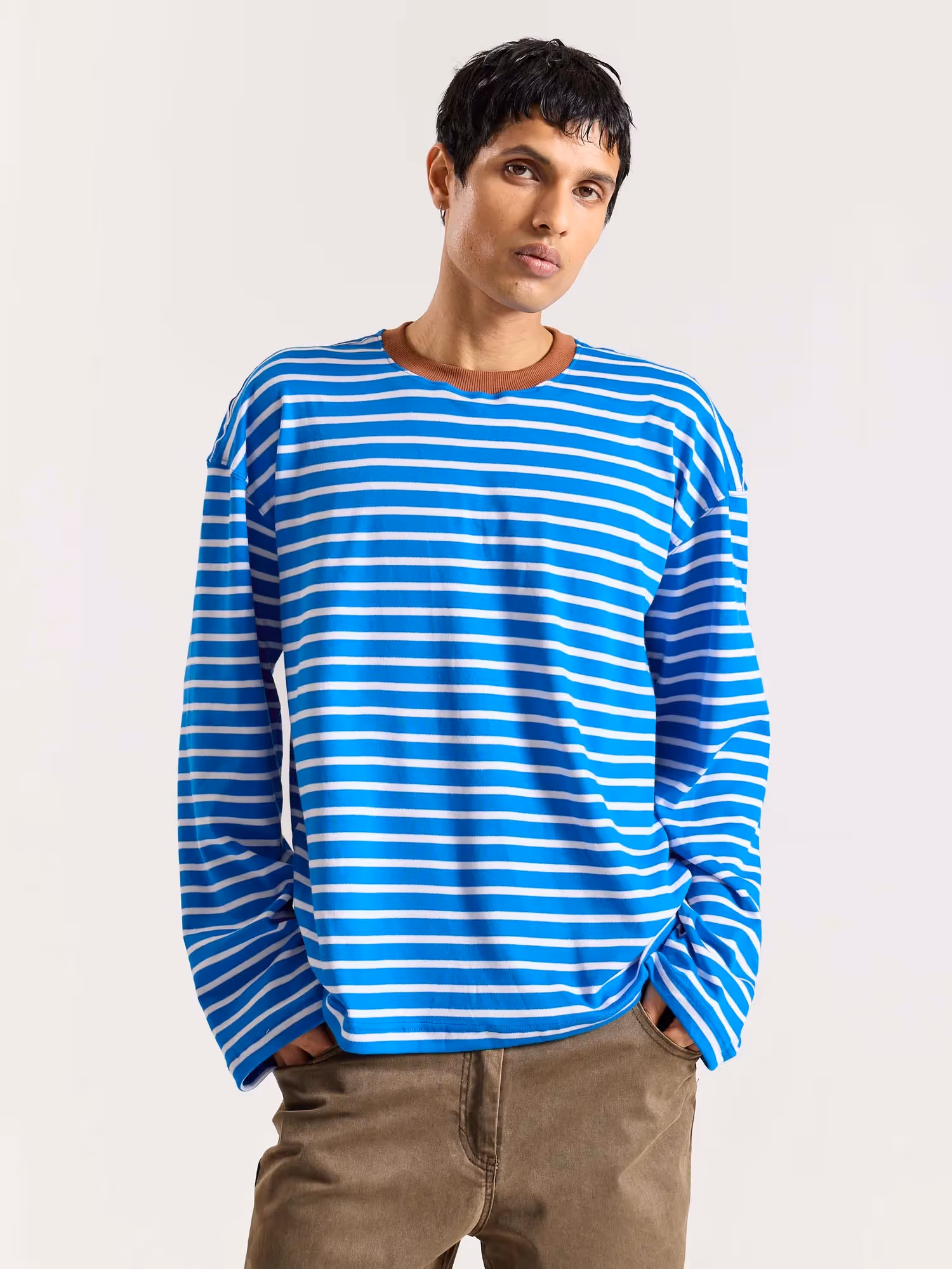 Cyan Blue & White Striped Loose Fit Cropped T-Shirt image 3