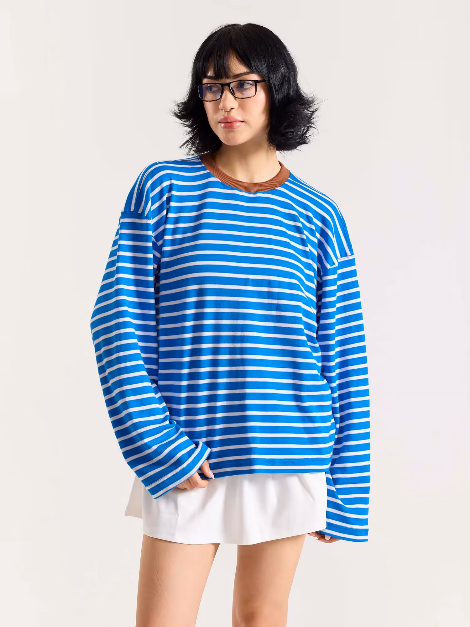 Cyan Blue & White Striped Loose Fit Cropped T-Shirt image 4