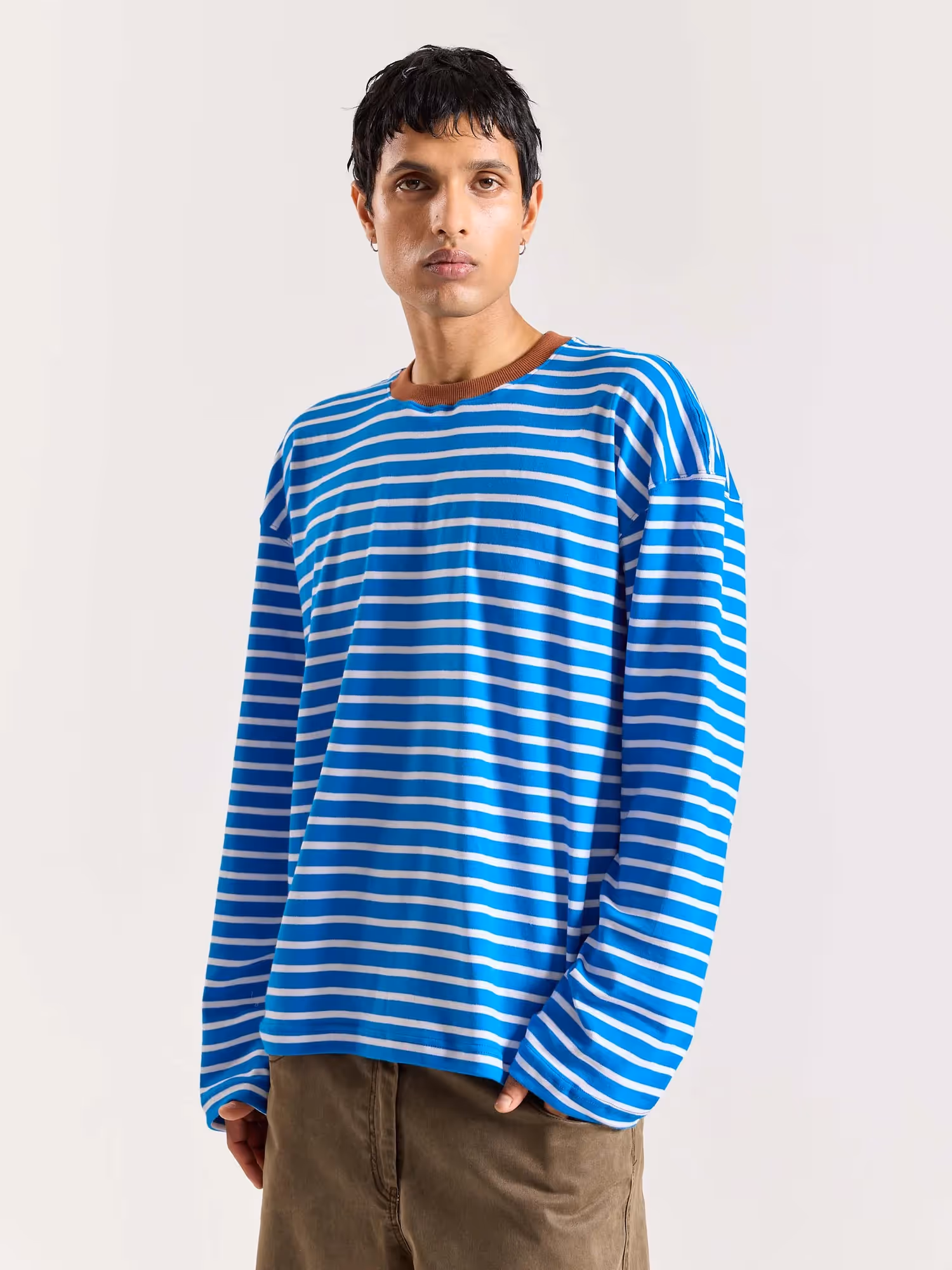 Cyan Blue & White Striped Loose Fit Cropped T-Shirt image 5