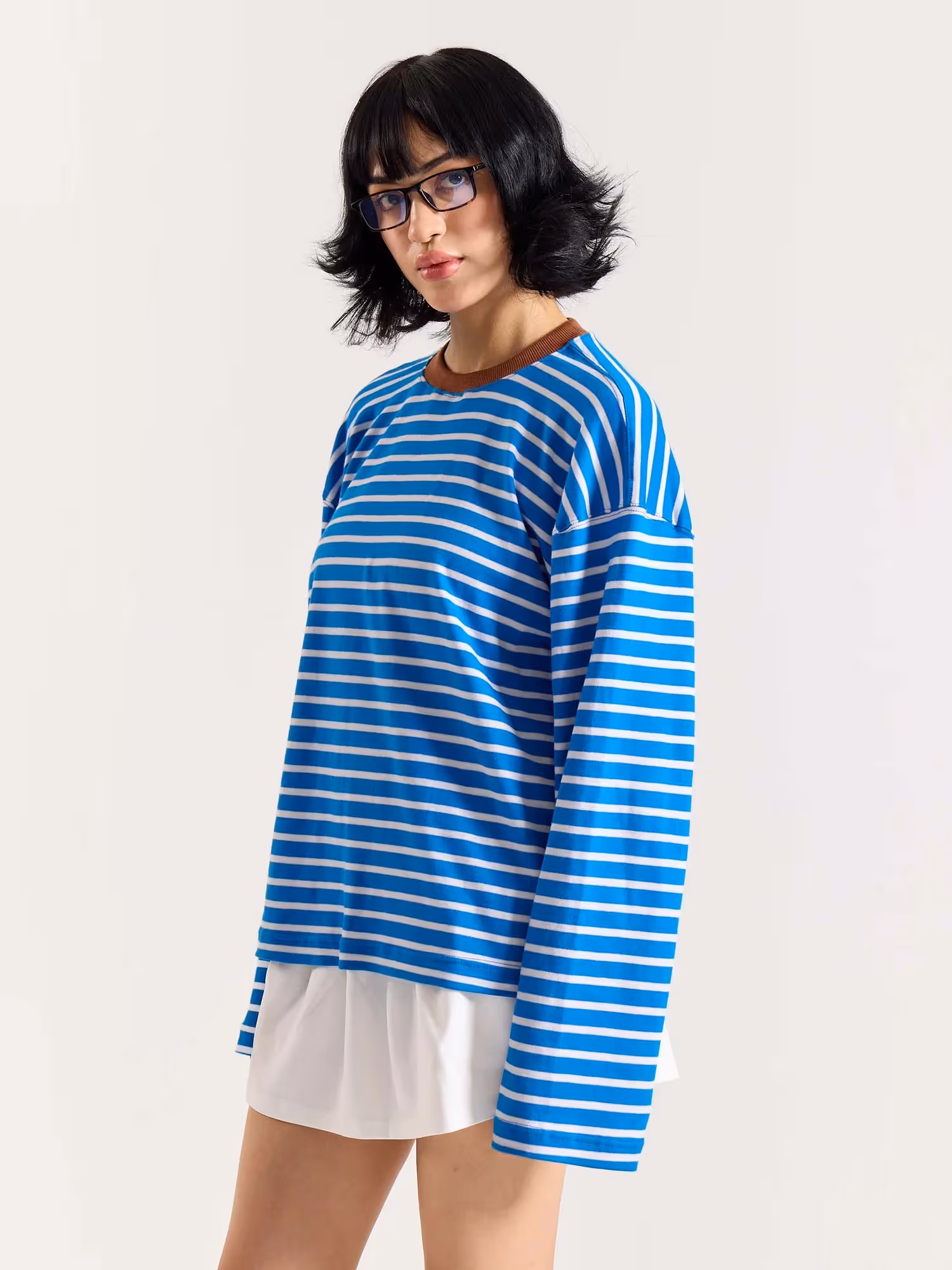 Cyan Blue & White Striped Loose Fit Cropped T-Shirt image 6