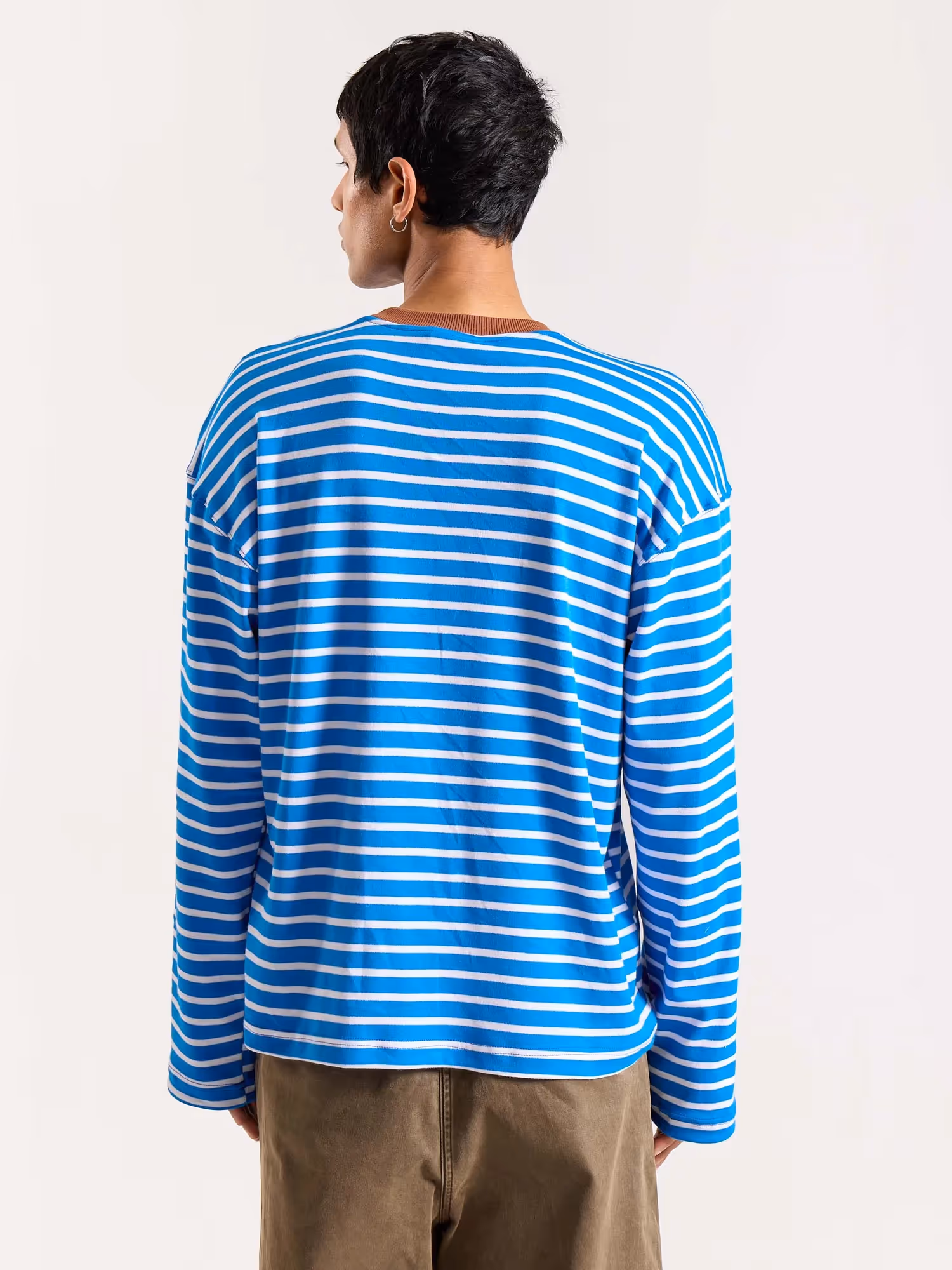 Cyan Blue & White Striped Loose Fit Cropped T-Shirt image 7