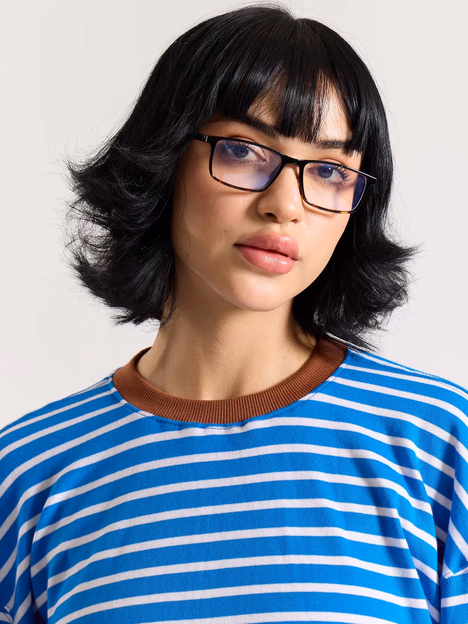 Cyan Blue & White Striped Loose Fit Cropped T-Shirt image 8