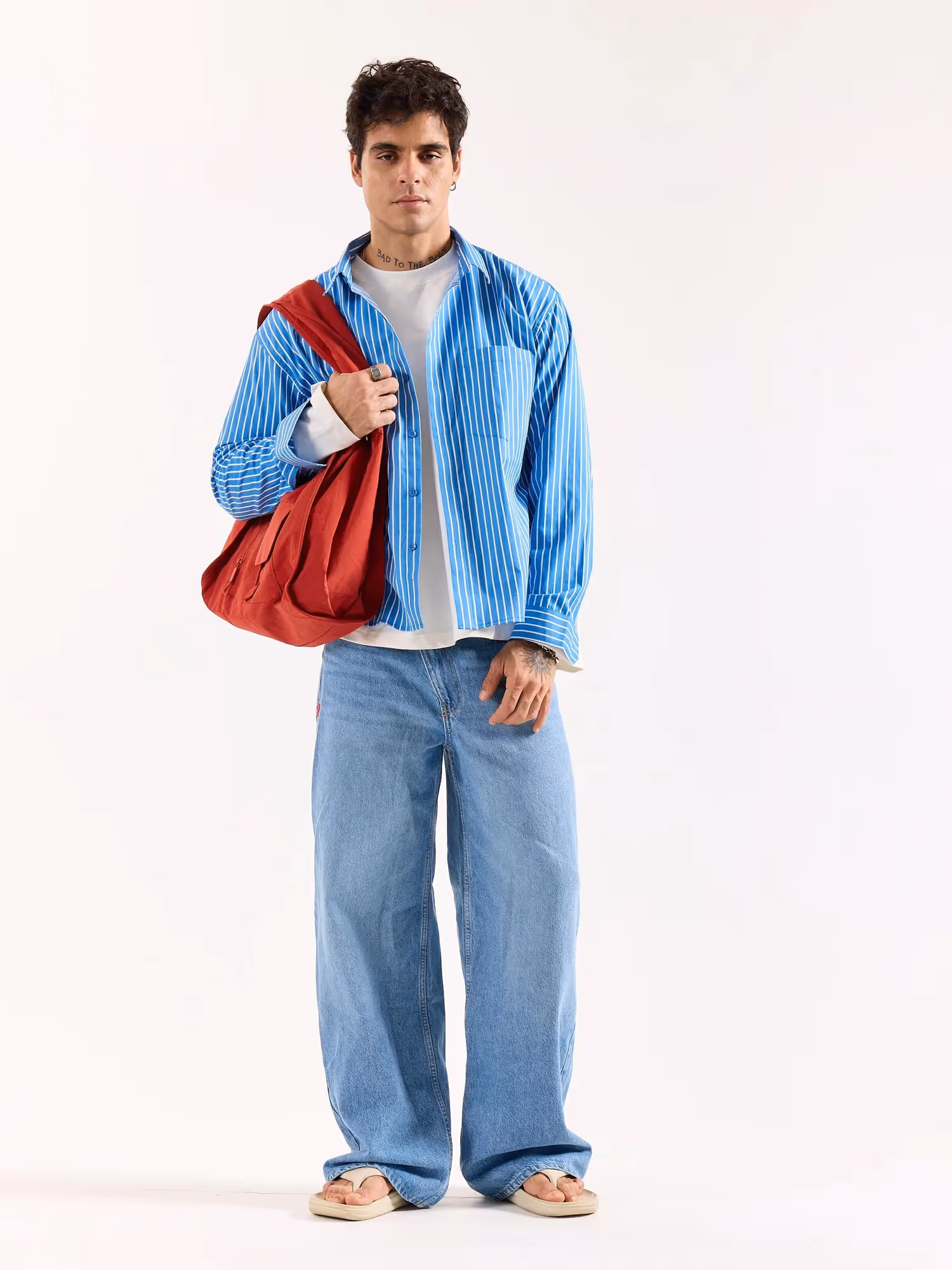 Cyan Blue Striped Poplin Oversized Shirt image 1
