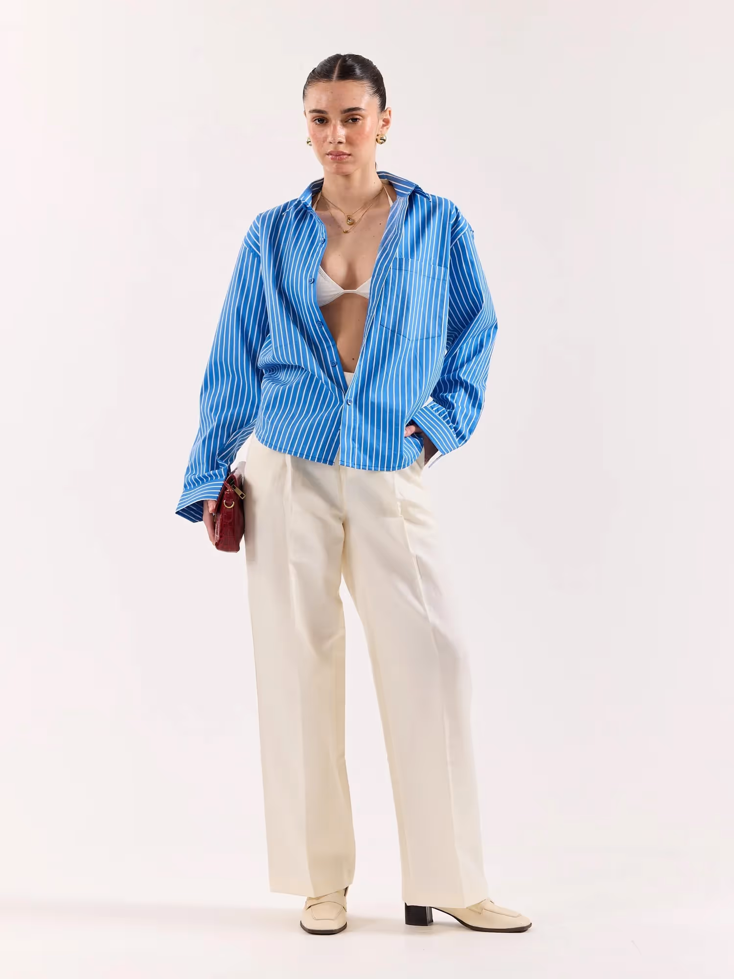 Cyan Blue Striped Poplin Oversized Shirt image 2