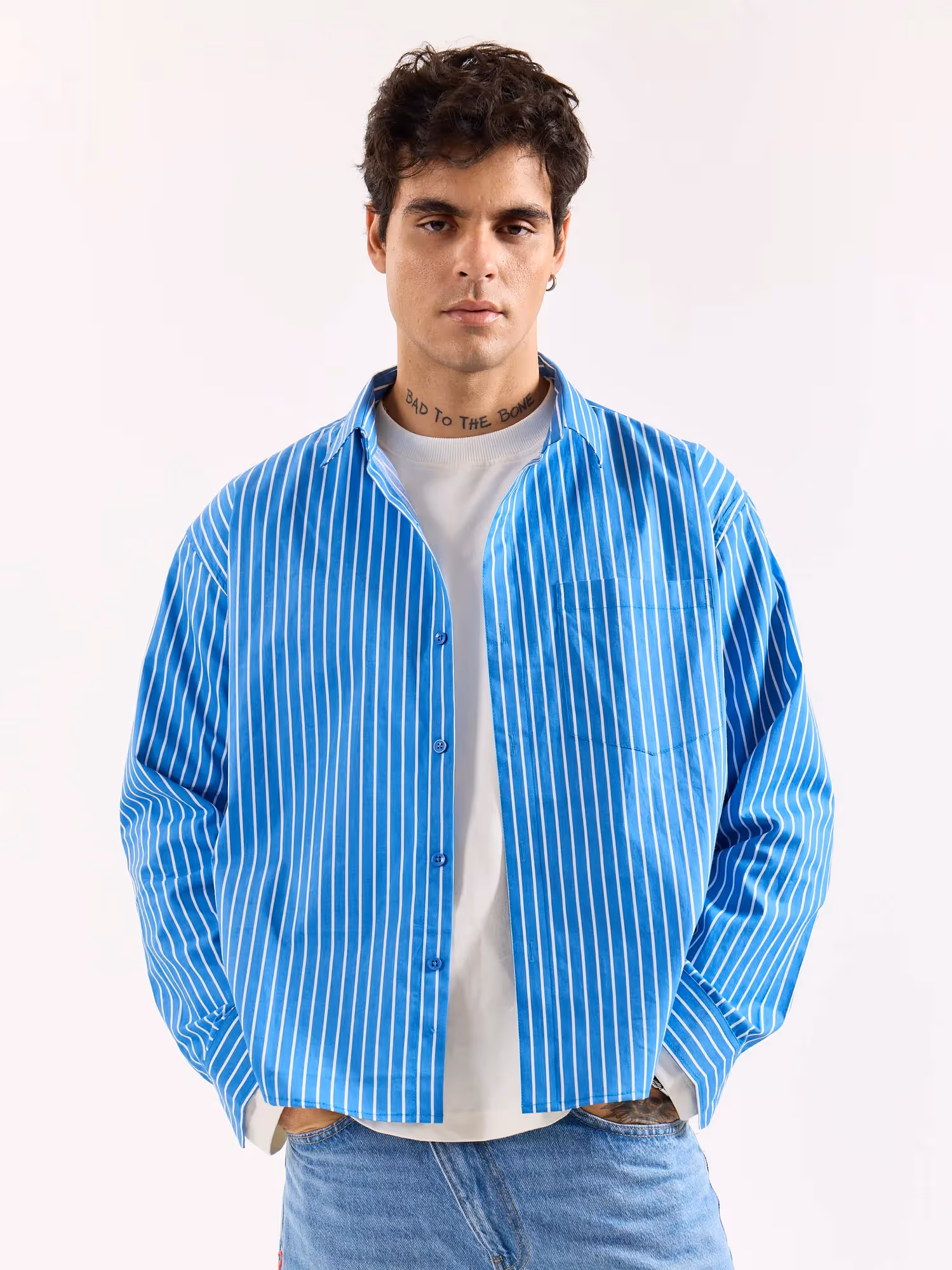 Cyan Blue Striped Poplin Oversized Shirt image 3