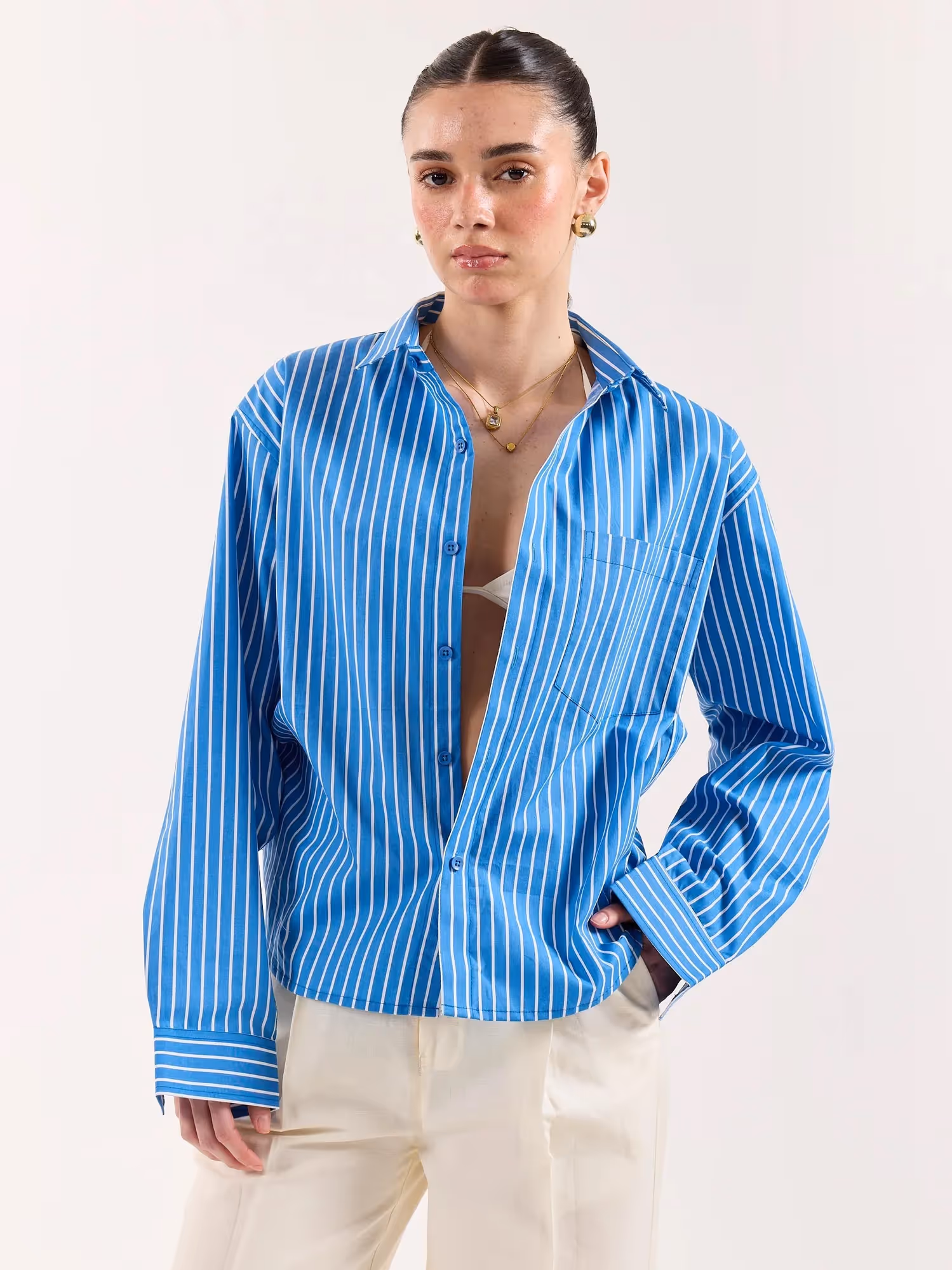 Cyan Blue Striped Poplin Oversized Shirt image 4