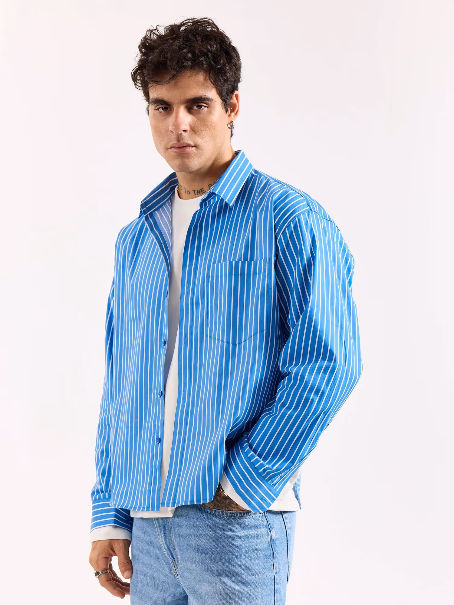 Cyan Blue Striped Poplin Oversized Shirt image 6