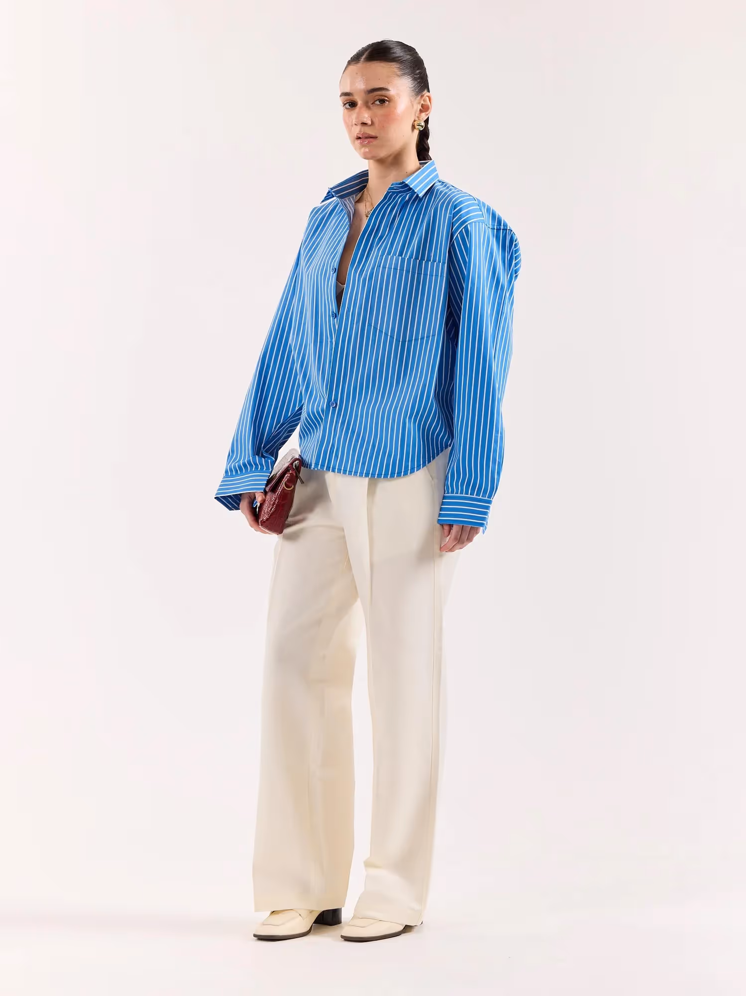 Cyan Blue Striped Poplin Oversized Shirt image 7