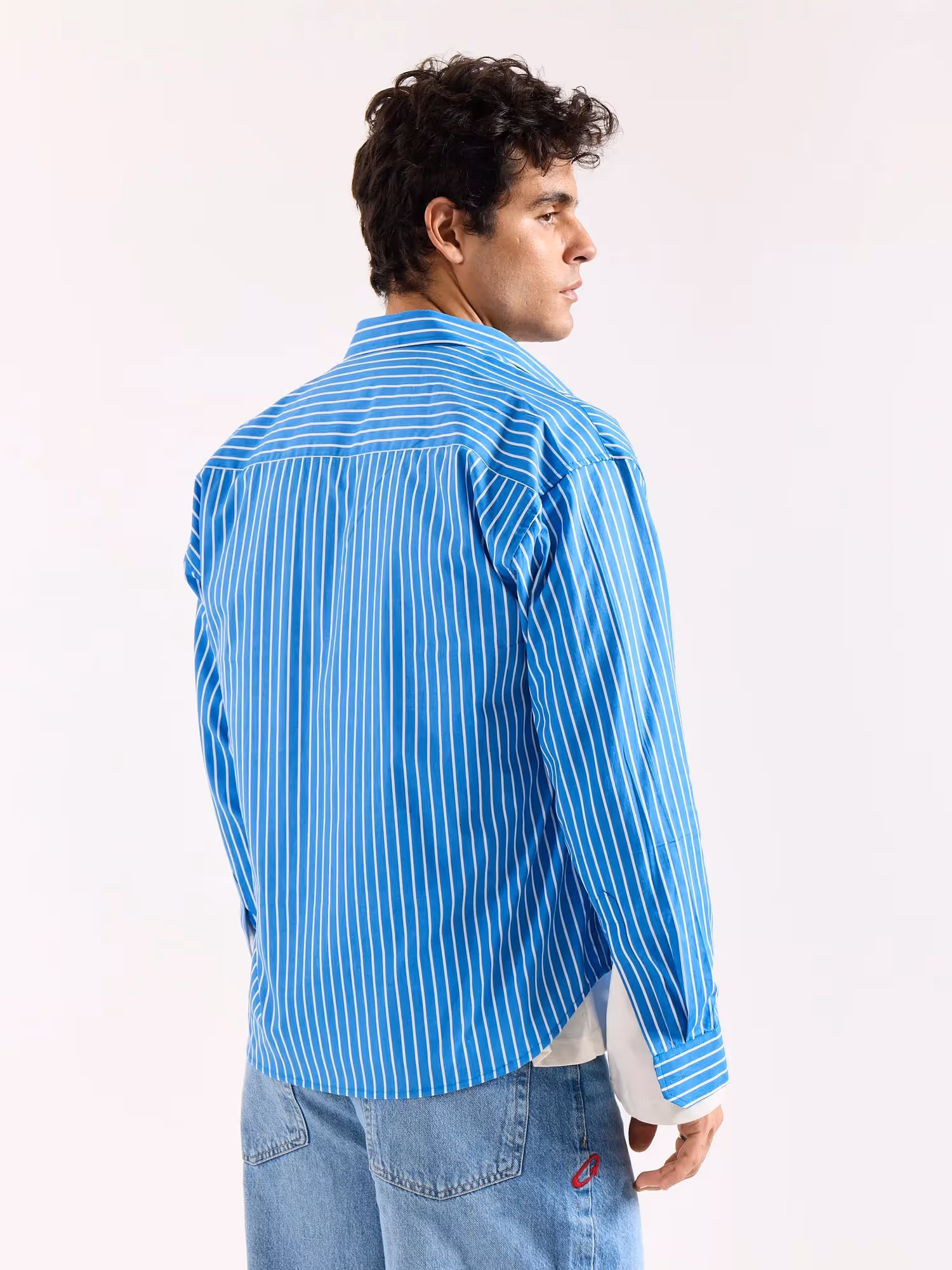 Cyan Blue Striped Poplin Oversized Shirt image 8