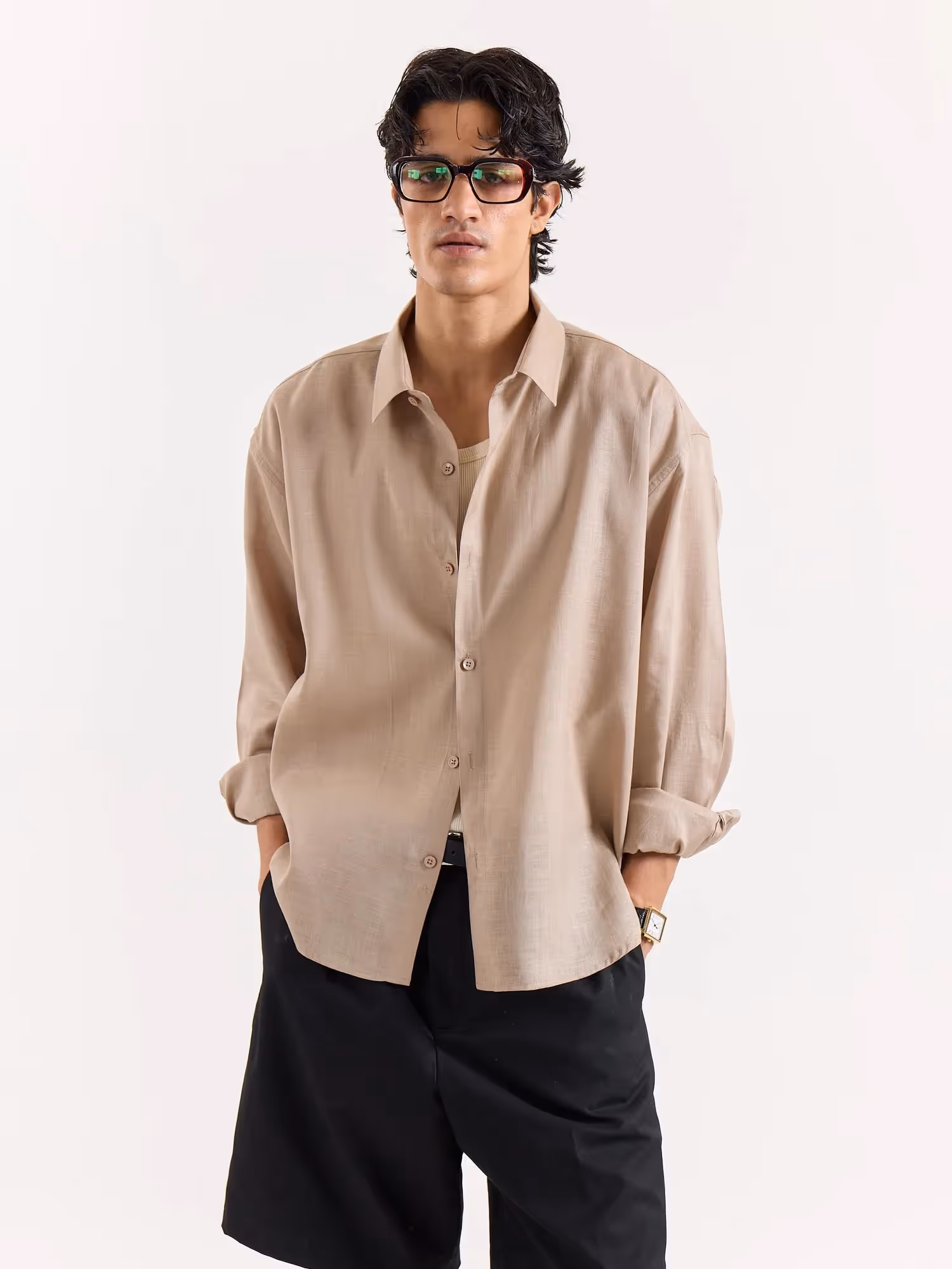 Dark Beige Linen Cropped Shirt image 2