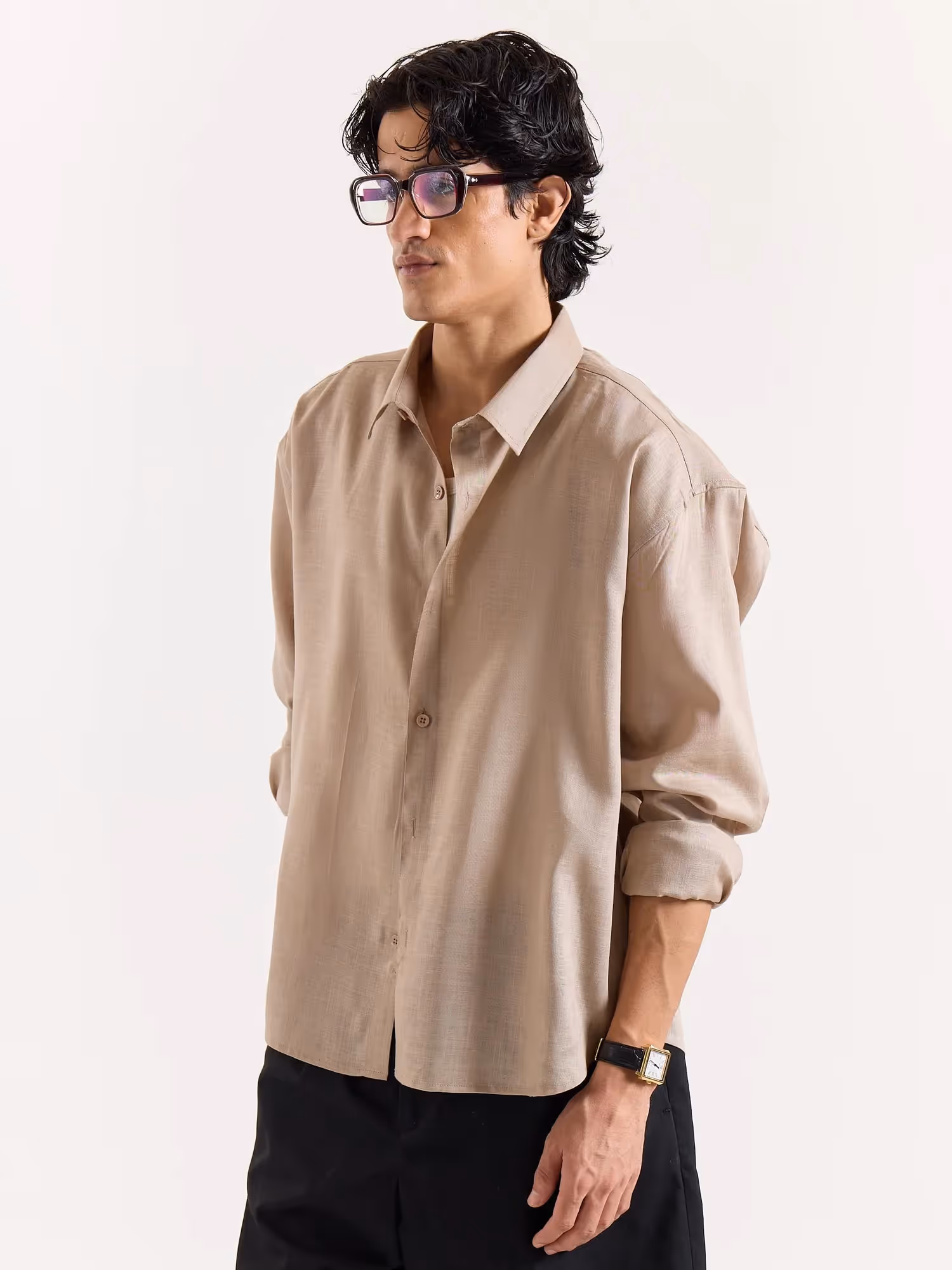 Dark Beige Linen Cropped Shirt image 3