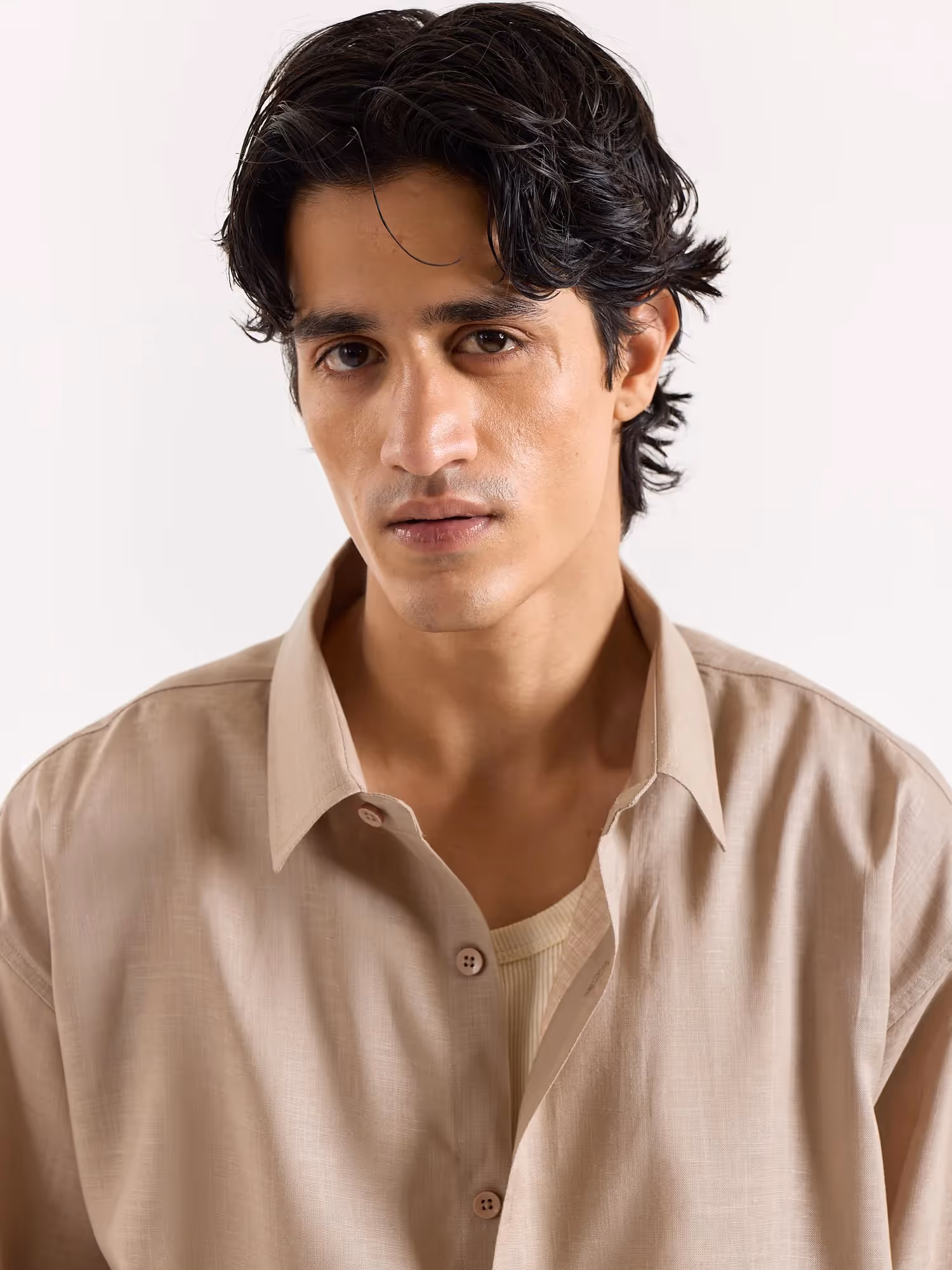 Dark Beige Linen Cropped Shirt image 5