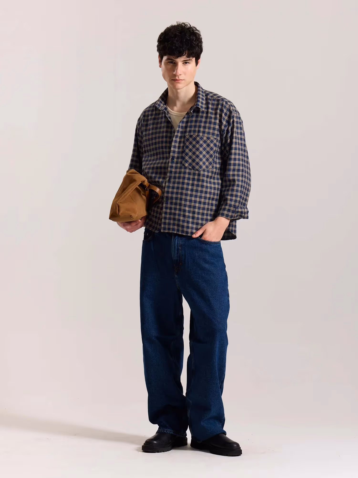 Dark Blue & Beige Checkered Oversized Cropped Shirt image 1