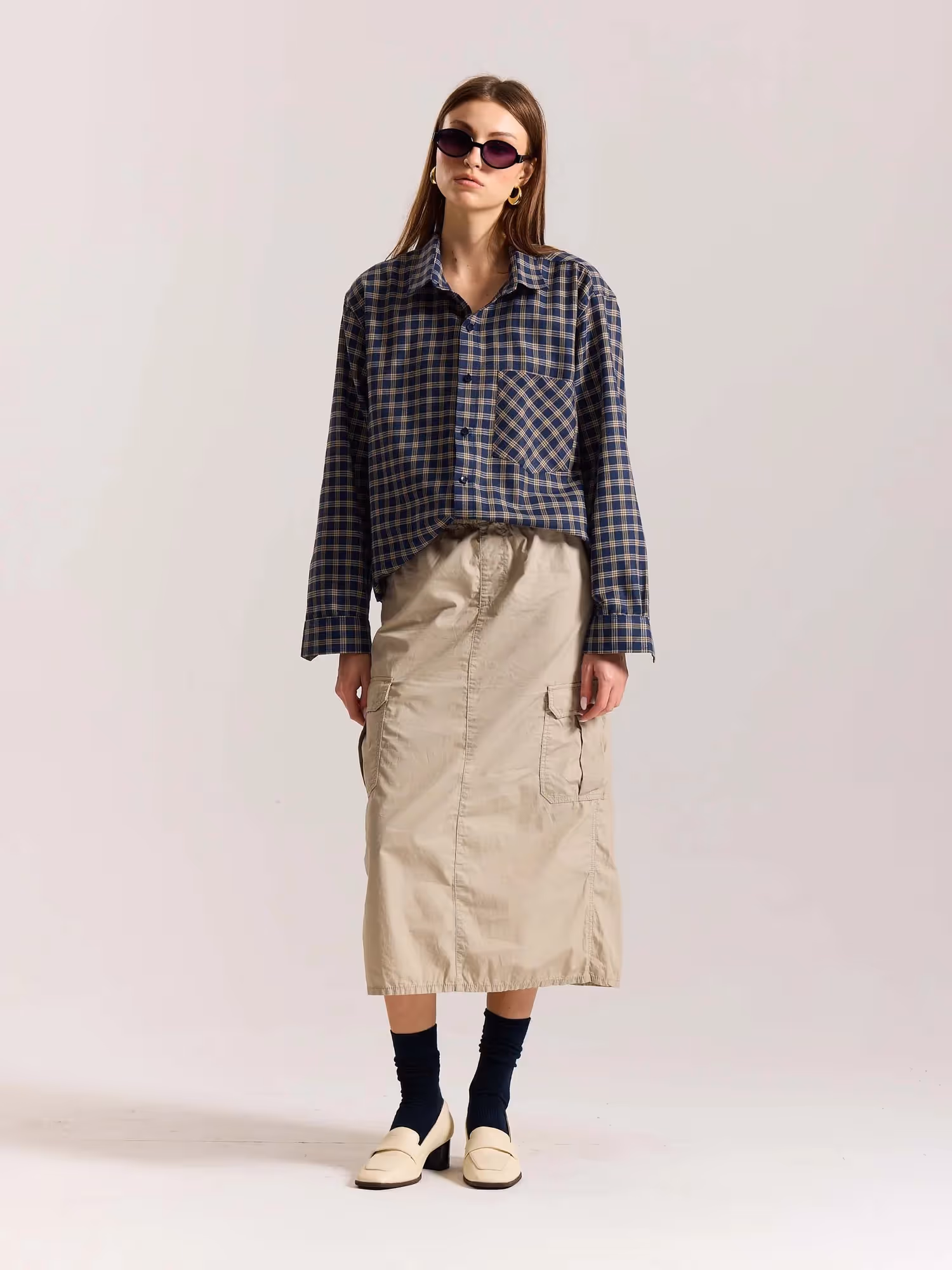 Dark Blue & Beige Checkered Oversized Cropped Shirt image 2