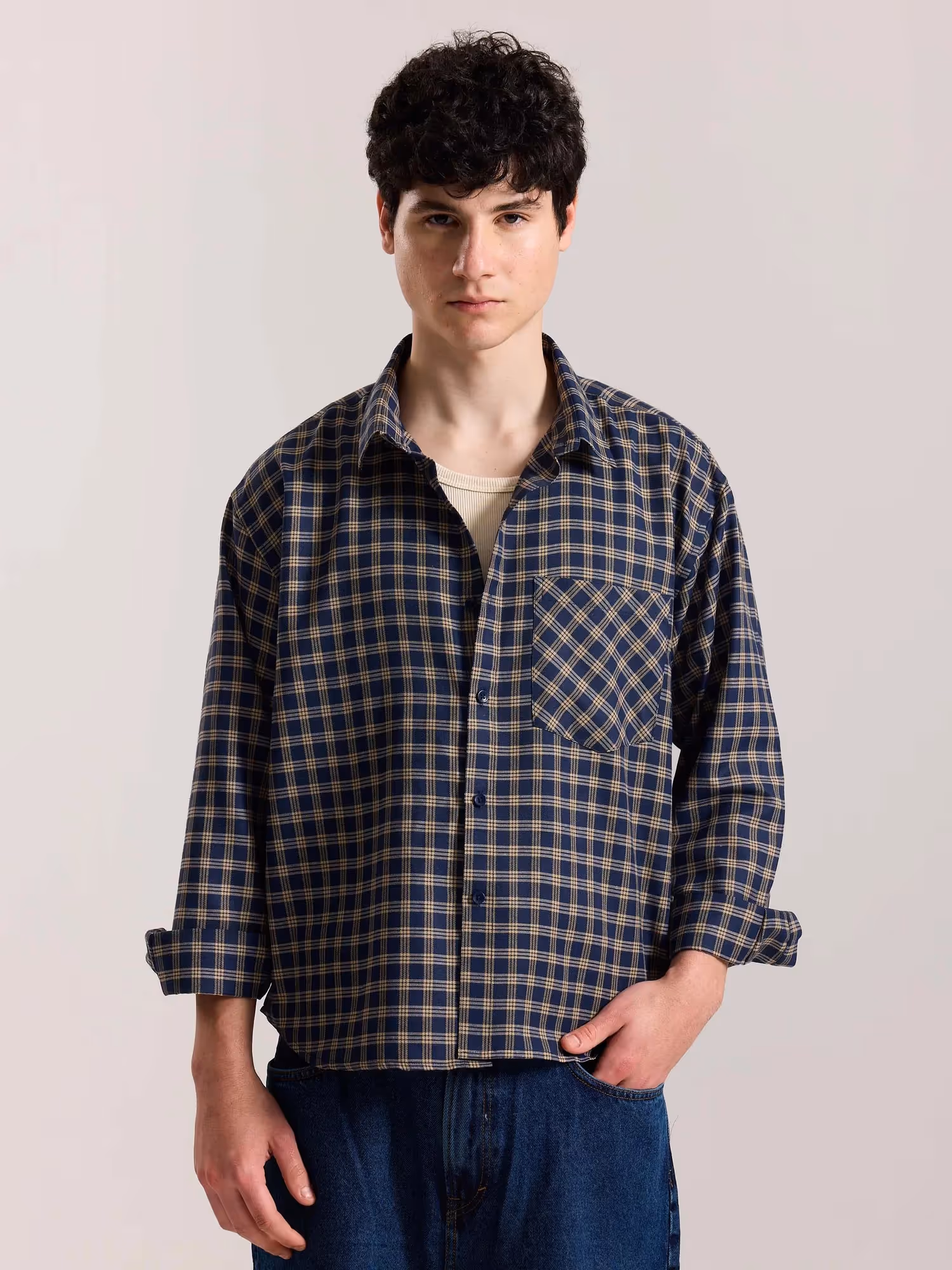 Dark Blue & Beige Checkered Oversized Cropped Shirt image 3