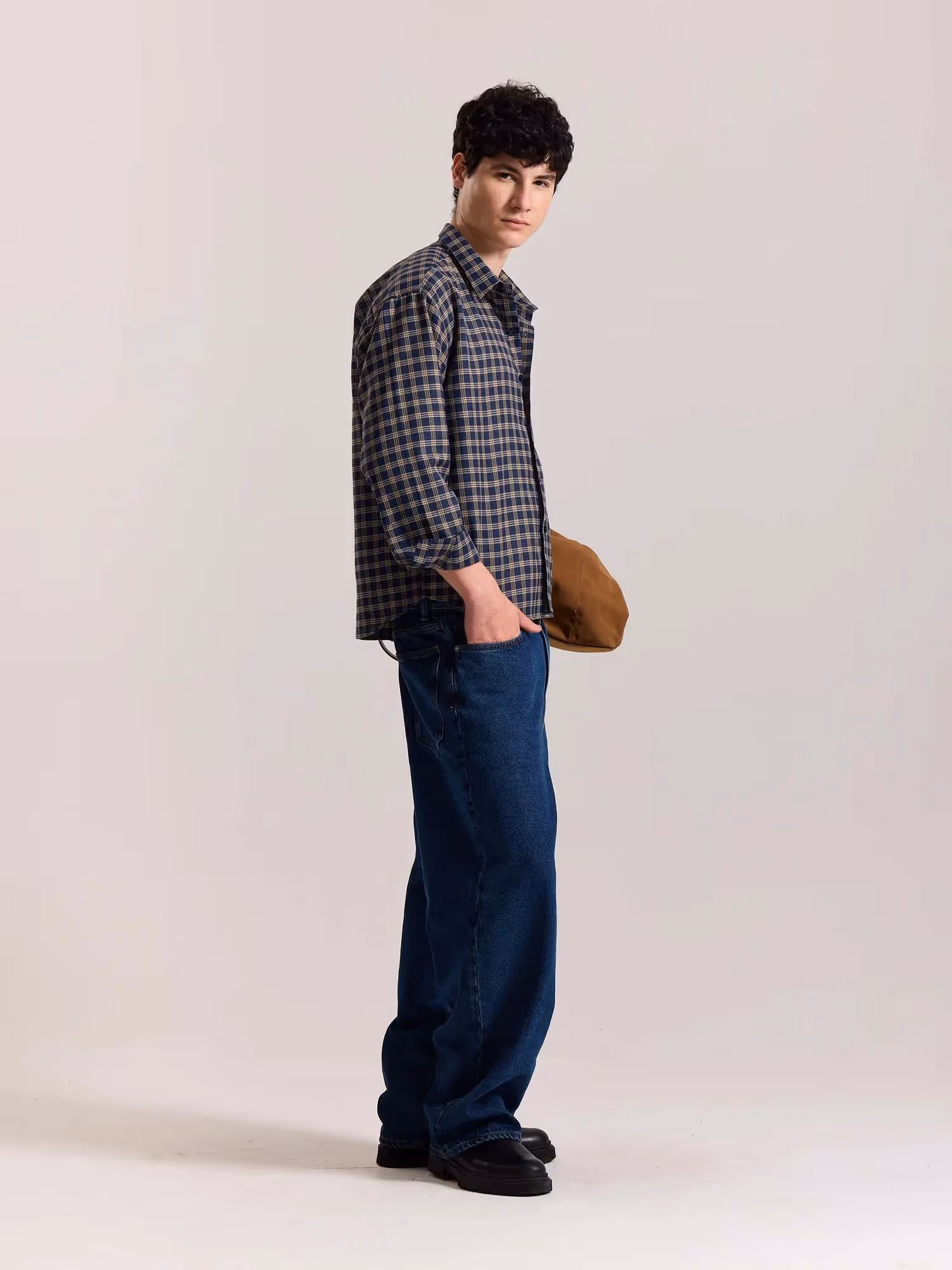 Dark Blue & Beige Checkered Oversized Cropped Shirt image 5