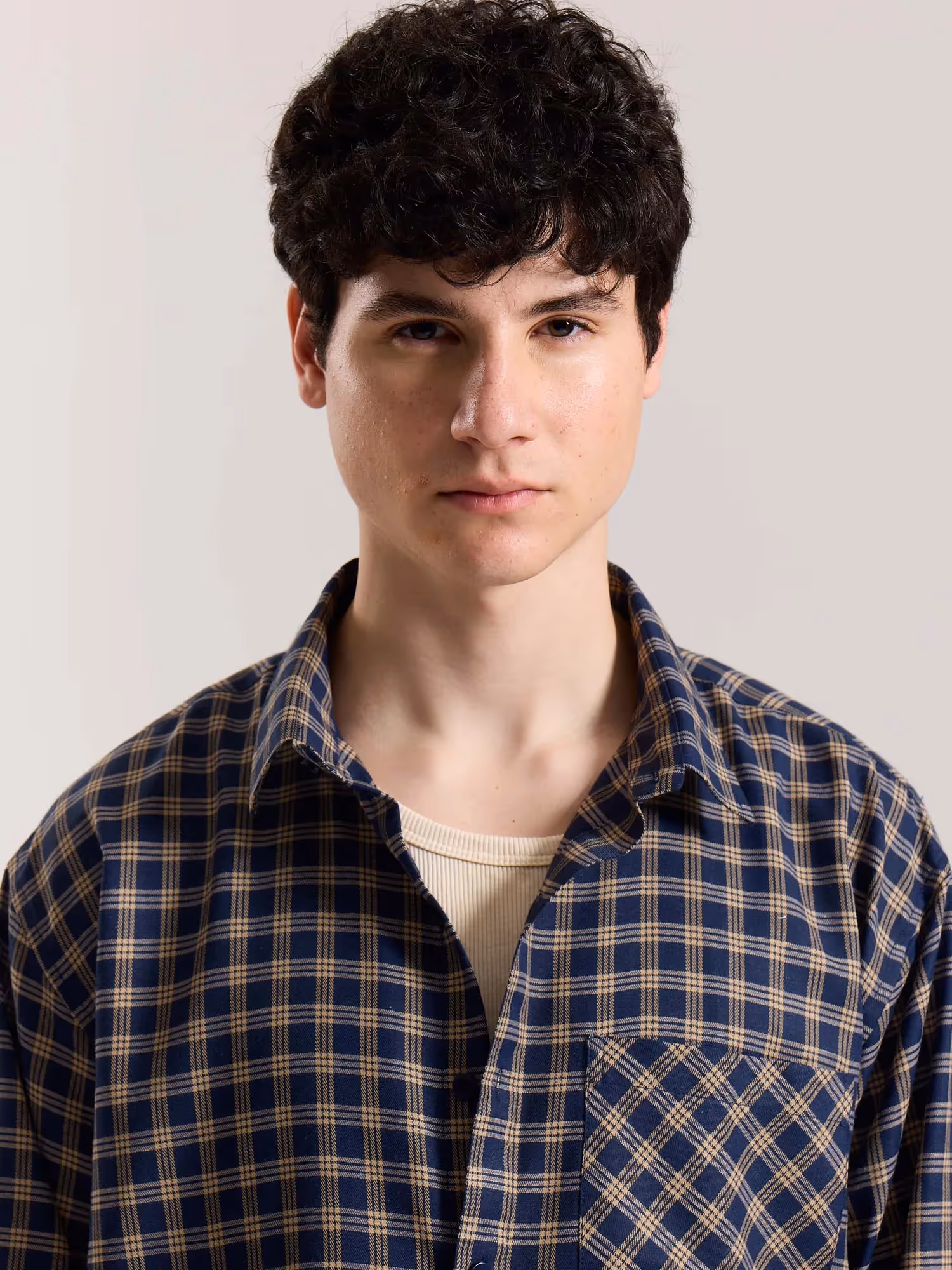 Dark Blue & Beige Checkered Oversized Cropped Shirt image 6
