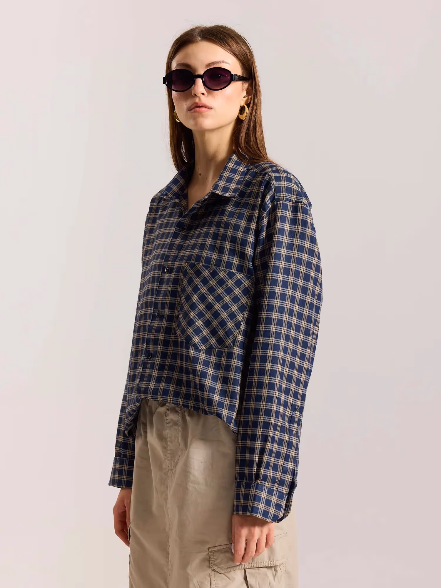 Dark Blue & Beige Checkered Oversized Cropped Shirt image 7