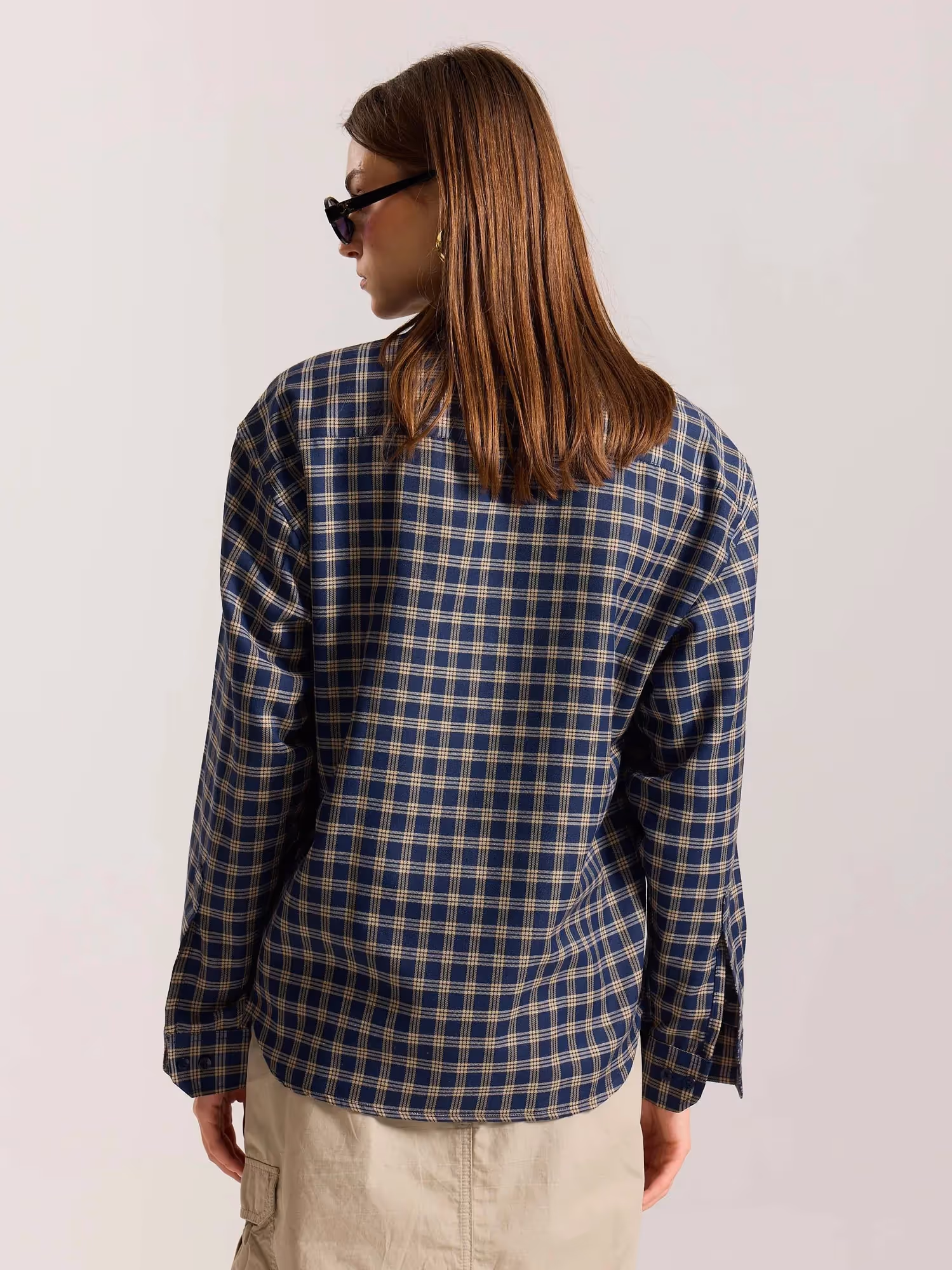 Dark Blue & Beige Checkered Oversized Cropped Shirt image 8
