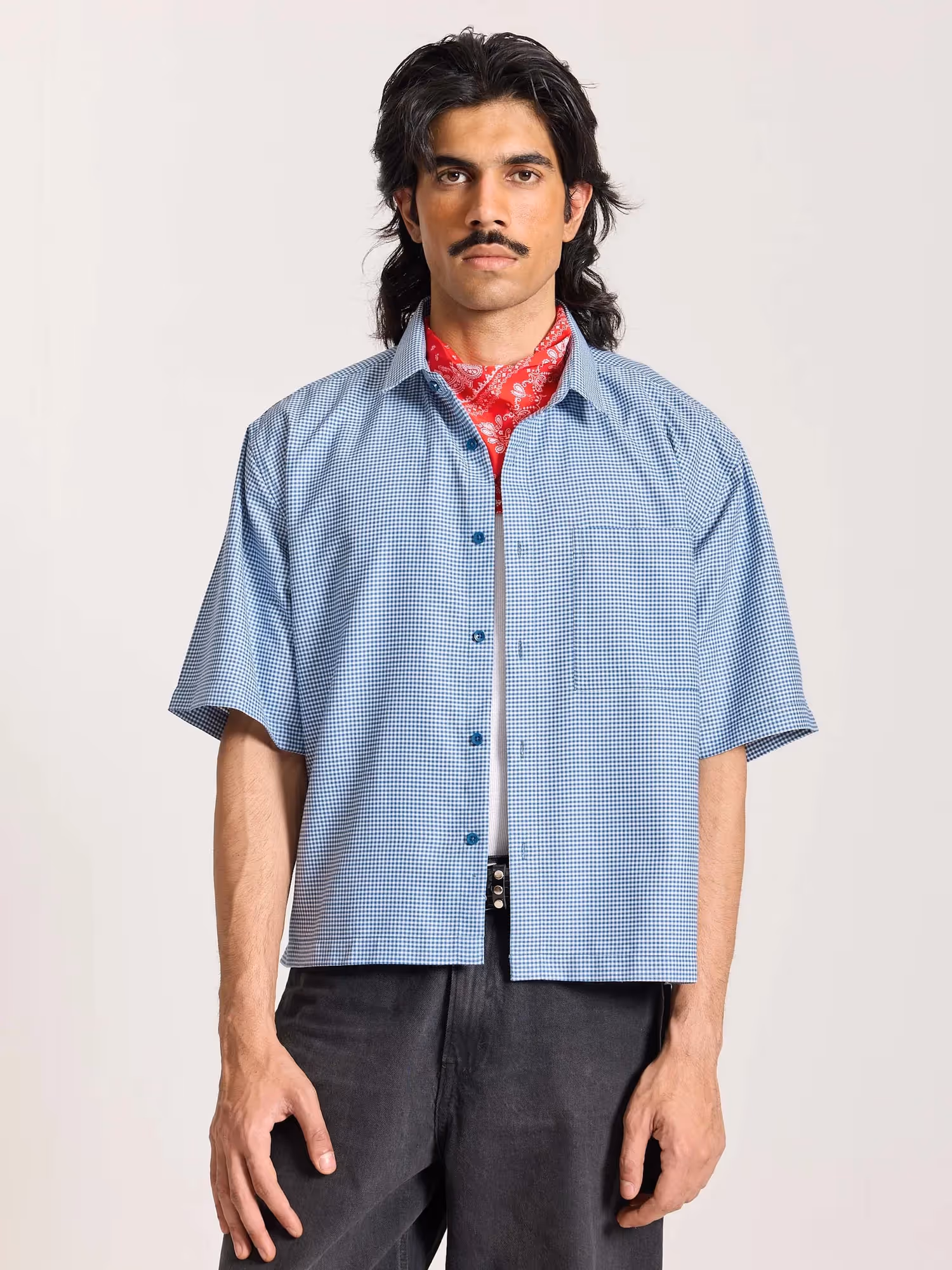 Dark Blue Checkered Cropped Shirt image 3