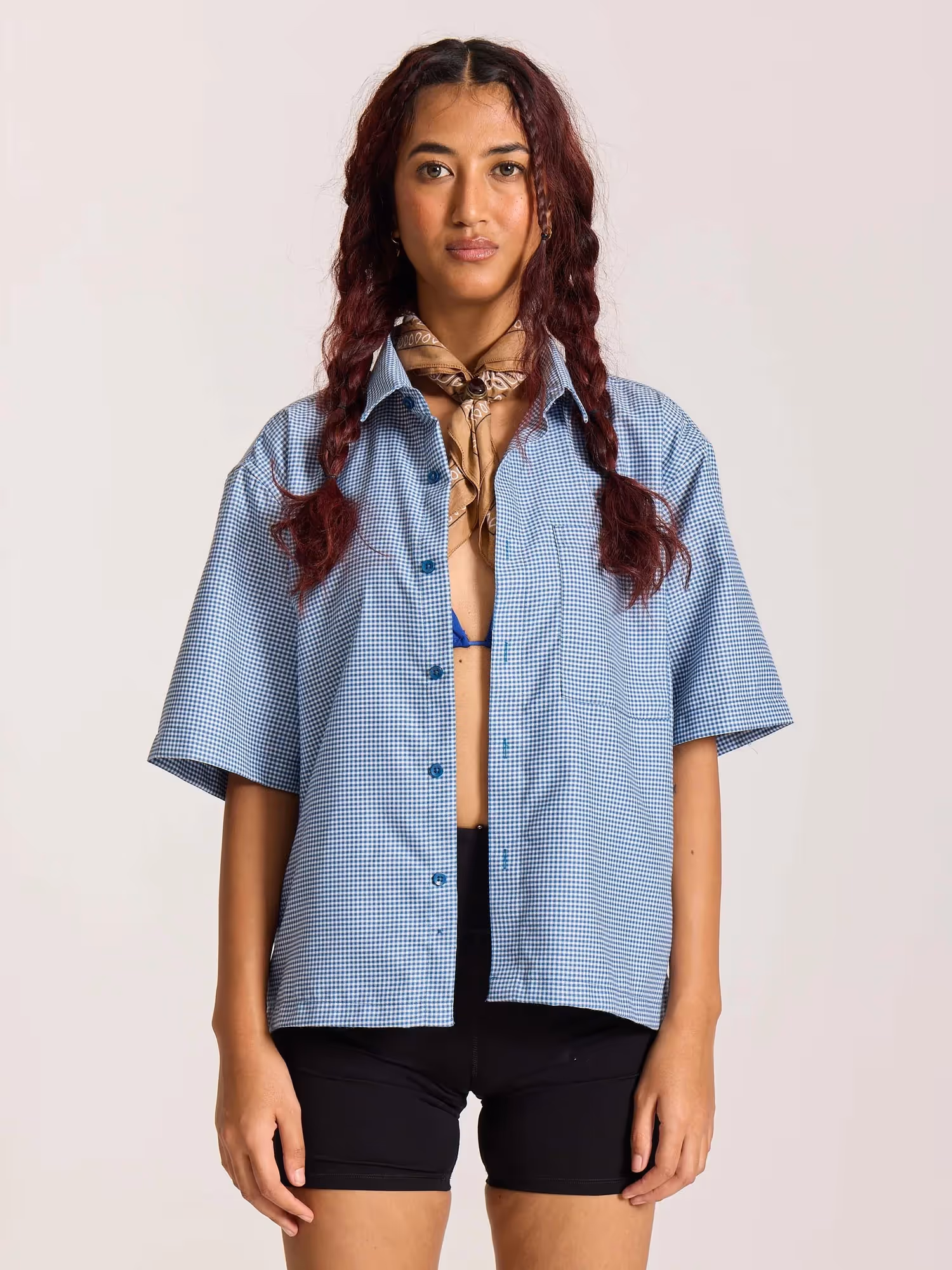 Dark Blue Checkered Cropped Shirt image 4