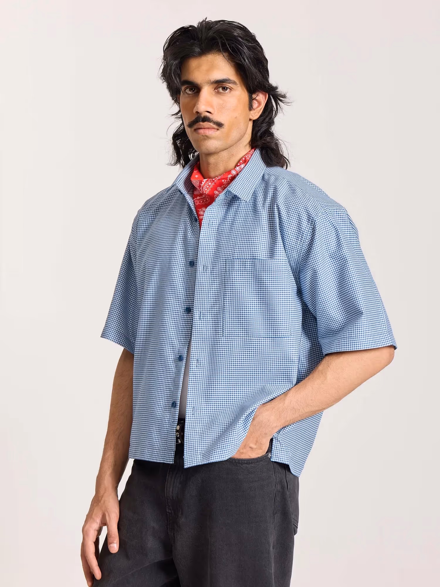 Dark Blue Checkered Cropped Shirt image 7