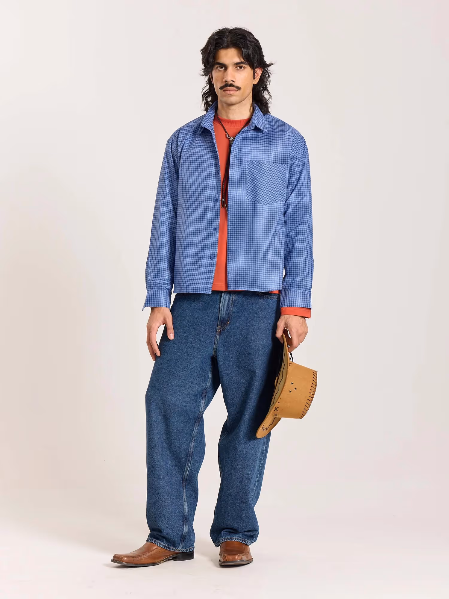 Dark Blue Checkered Oversized Cropped Shirt image 1