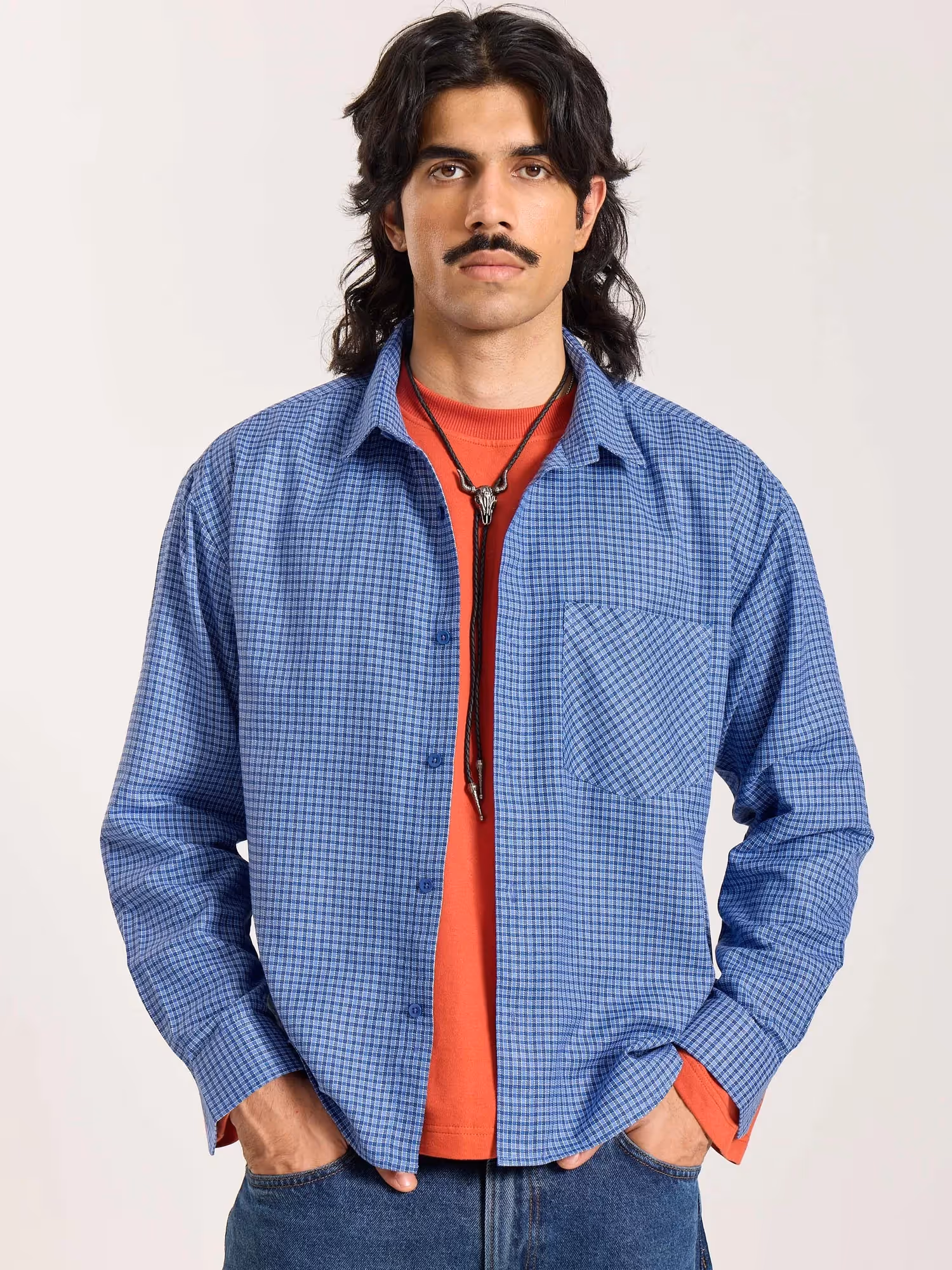 Dark Blue Checkered Oversized Cropped Shirt image 3