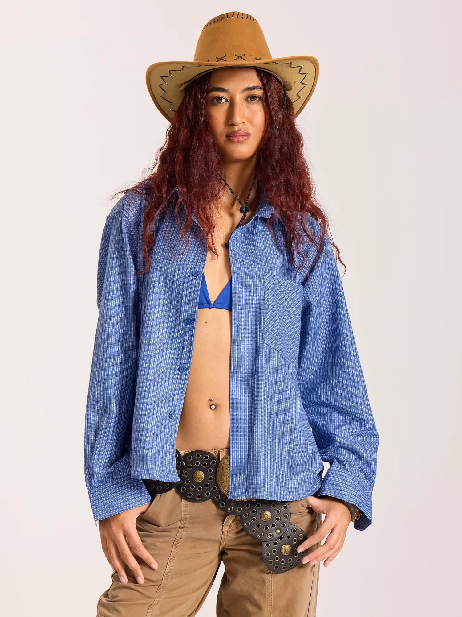Dark Blue Checkered Oversized Cropped Shirt image 4