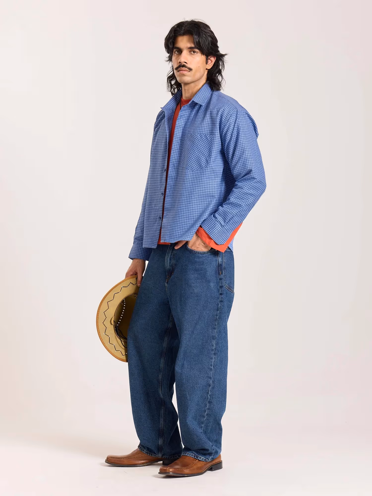 Dark Blue Checkered Oversized Cropped Shirt image 6