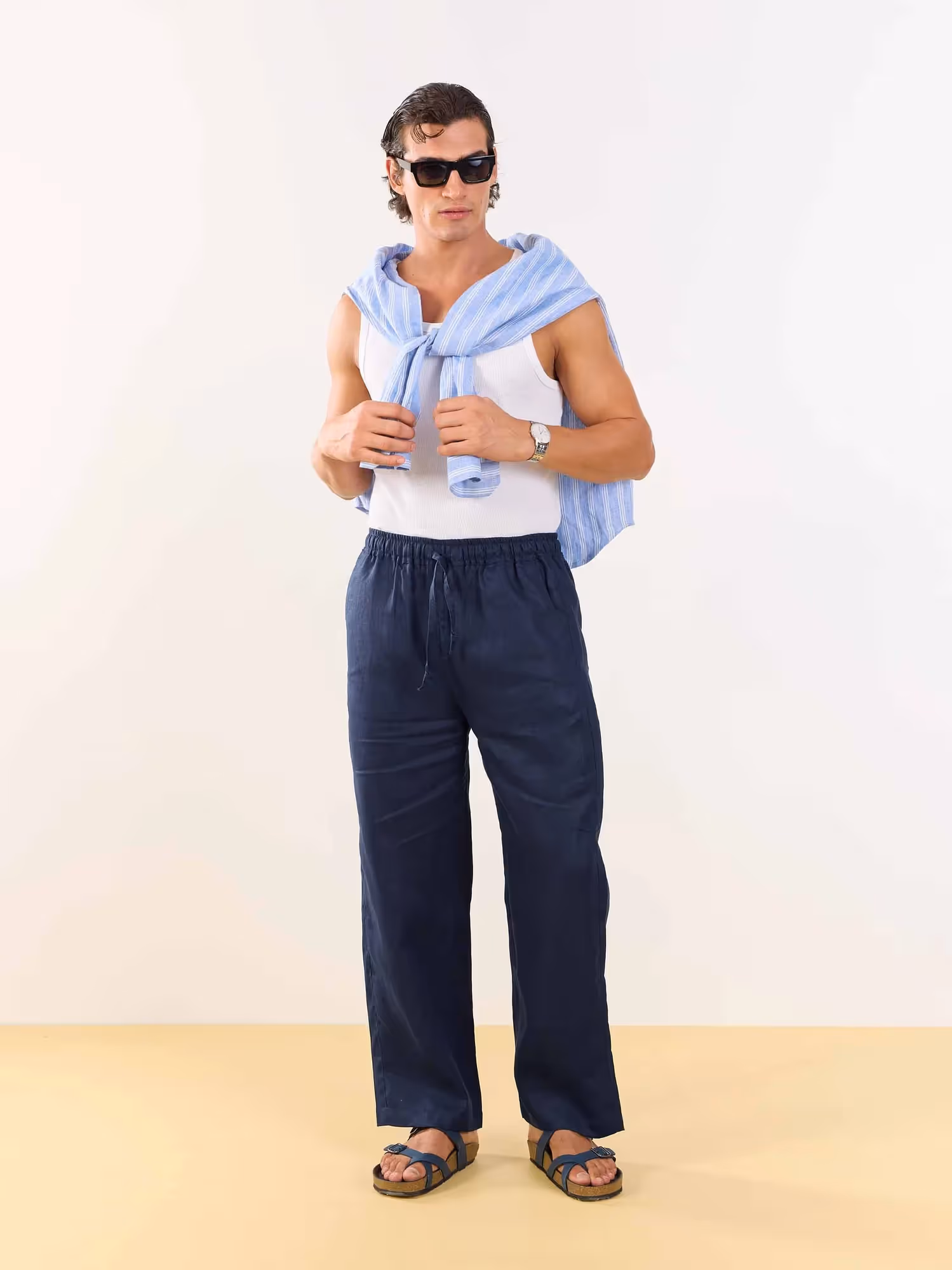 Dark Blue Linen Pull-on Pants image 1