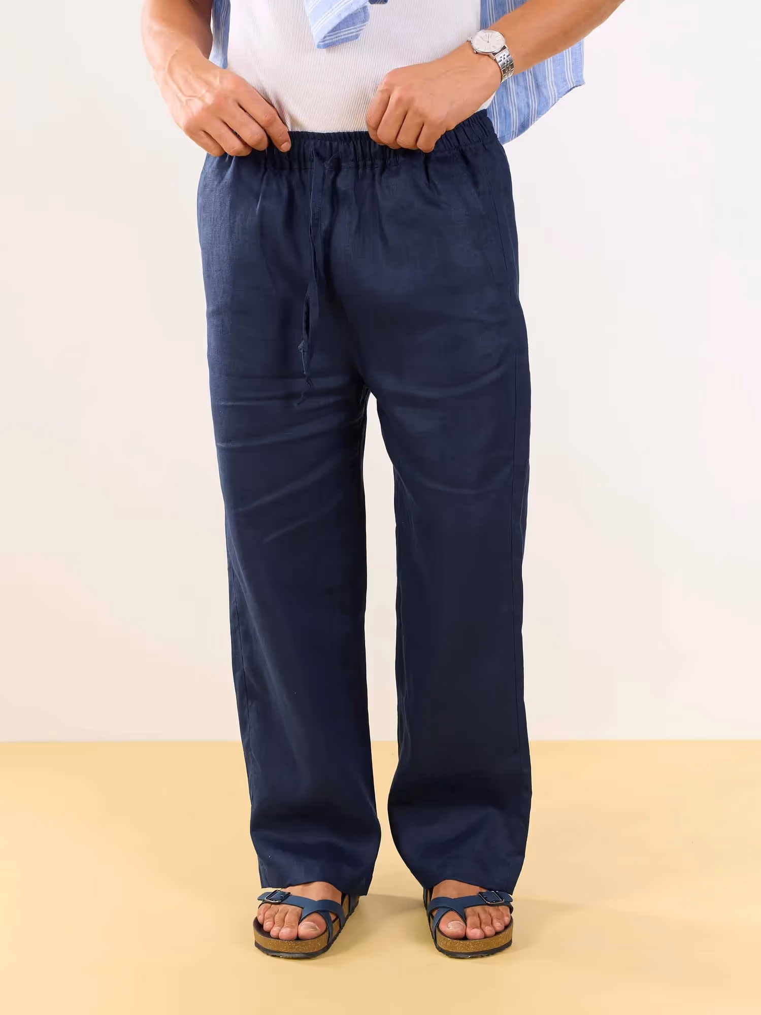 Dark Blue Linen Pull-on Pants  image 2