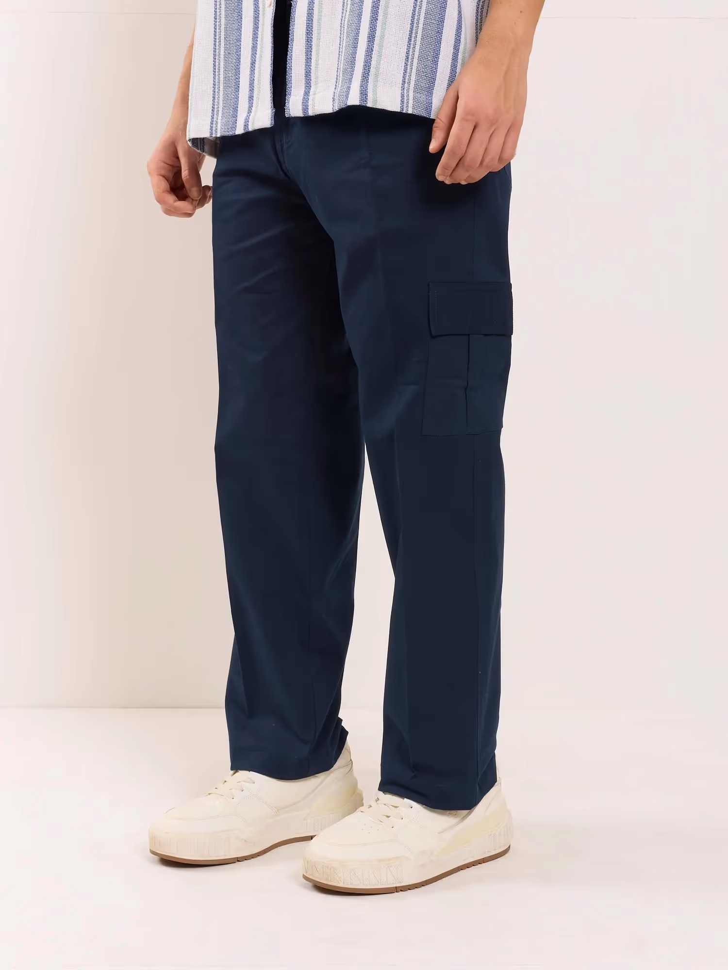 Dark Blue Loose Fit Twill Cargo Trousers  image 3