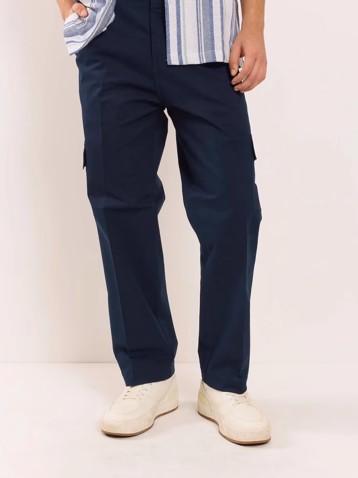 Dark Blue Loose Fit Twill Cargo Trousers  image 6