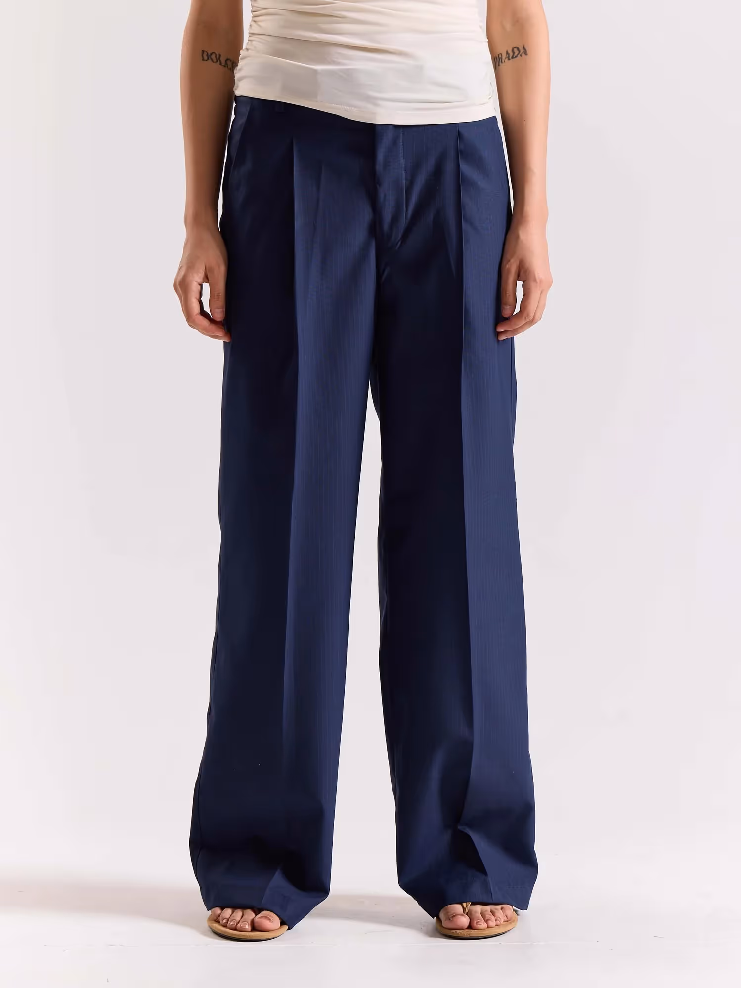 Dark Blue Pinstriped Baggy Fit Trousers image 4