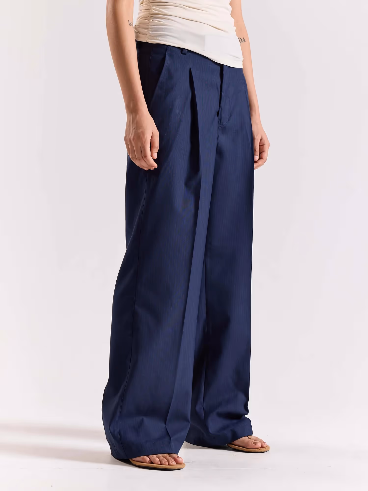 Dark Blue Pinstriped Baggy Fit Trousers image 6