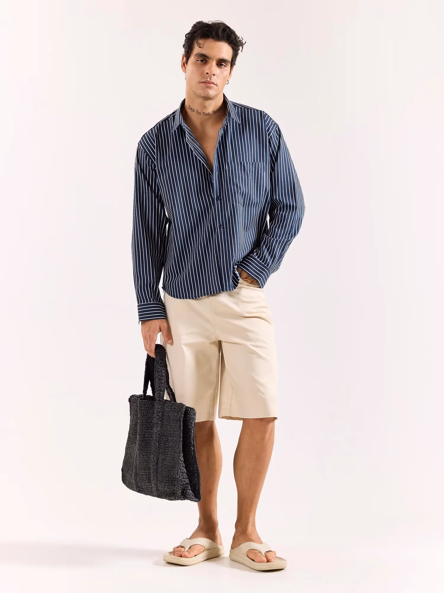 Dark Blue Pinstriped Poplin Oversized Shirt image 1