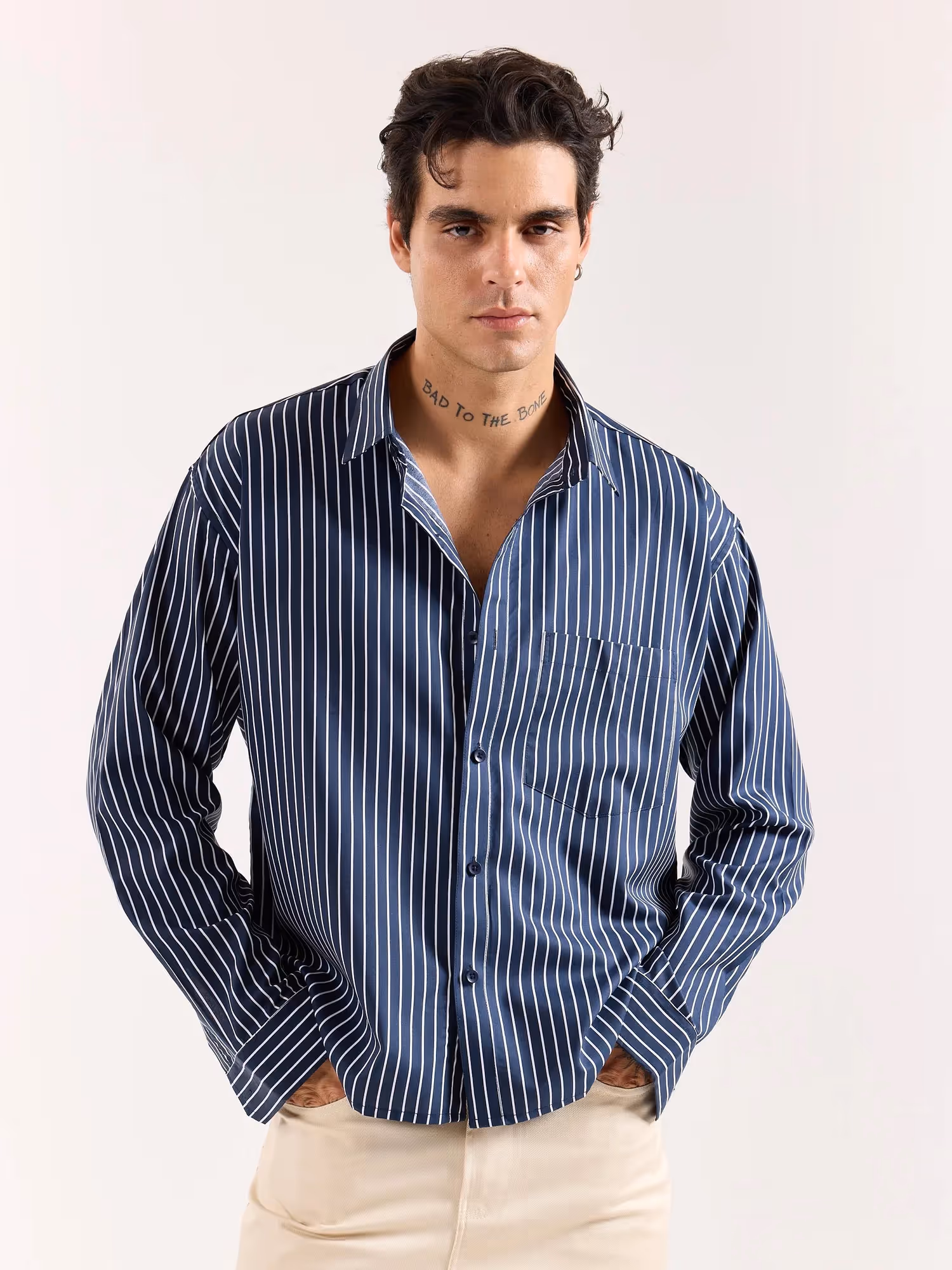 Dark Blue Pinstriped Poplin Oversized Shirt  image 3