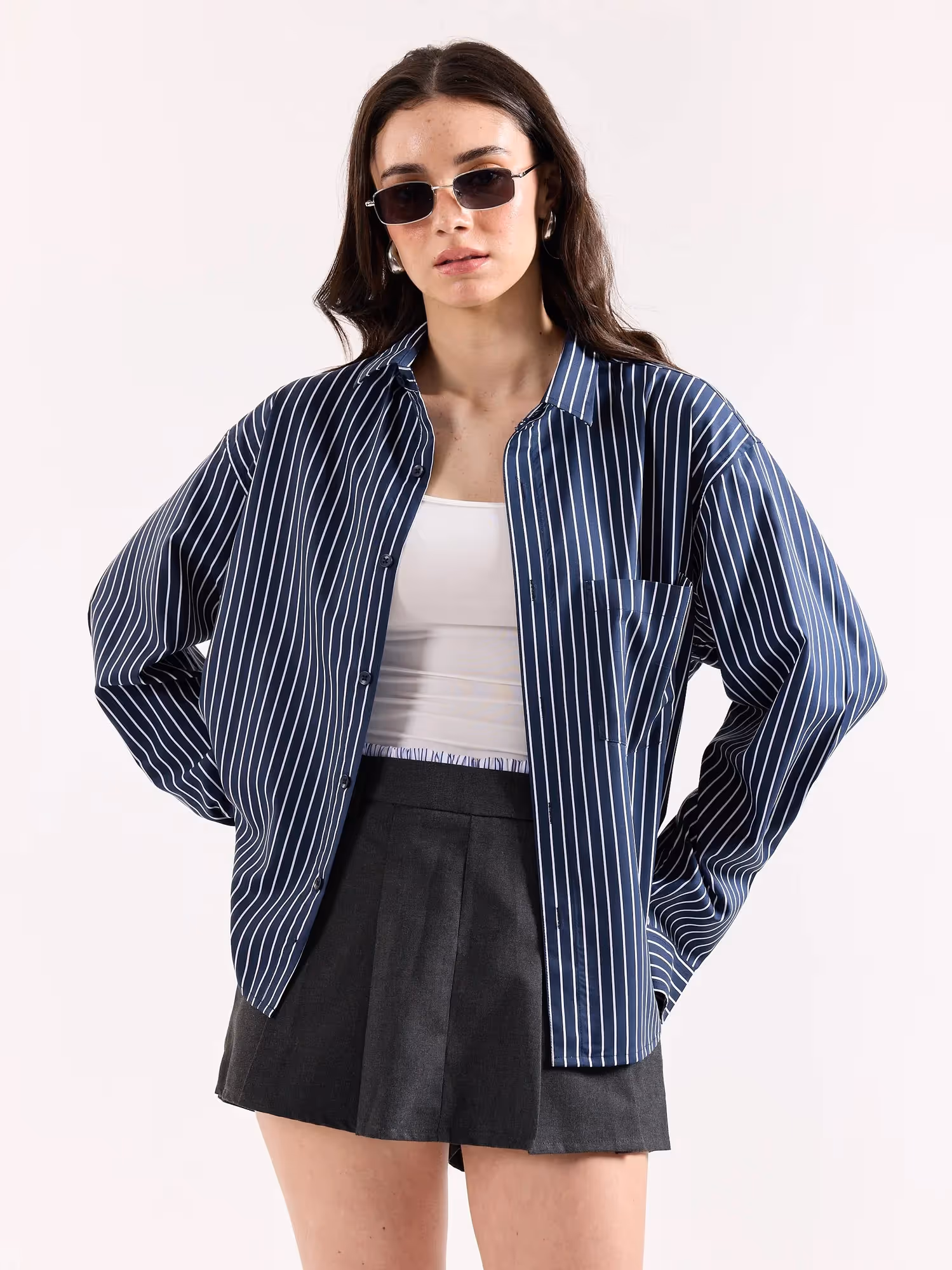 Dark Blue Pinstriped Poplin Oversized Shirt  image 4