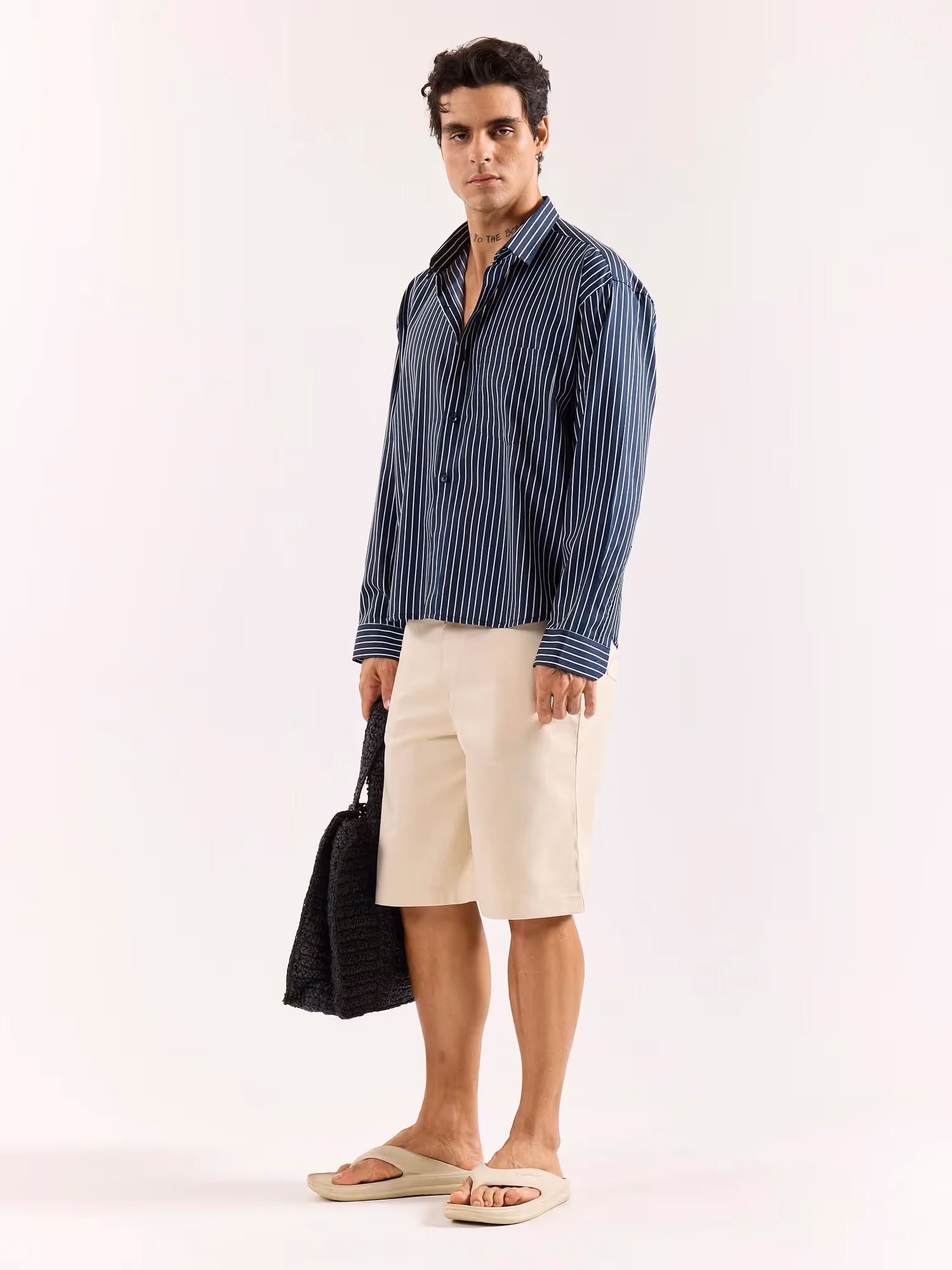 Dark Blue Pinstriped Poplin Oversized Shirt  image 6
