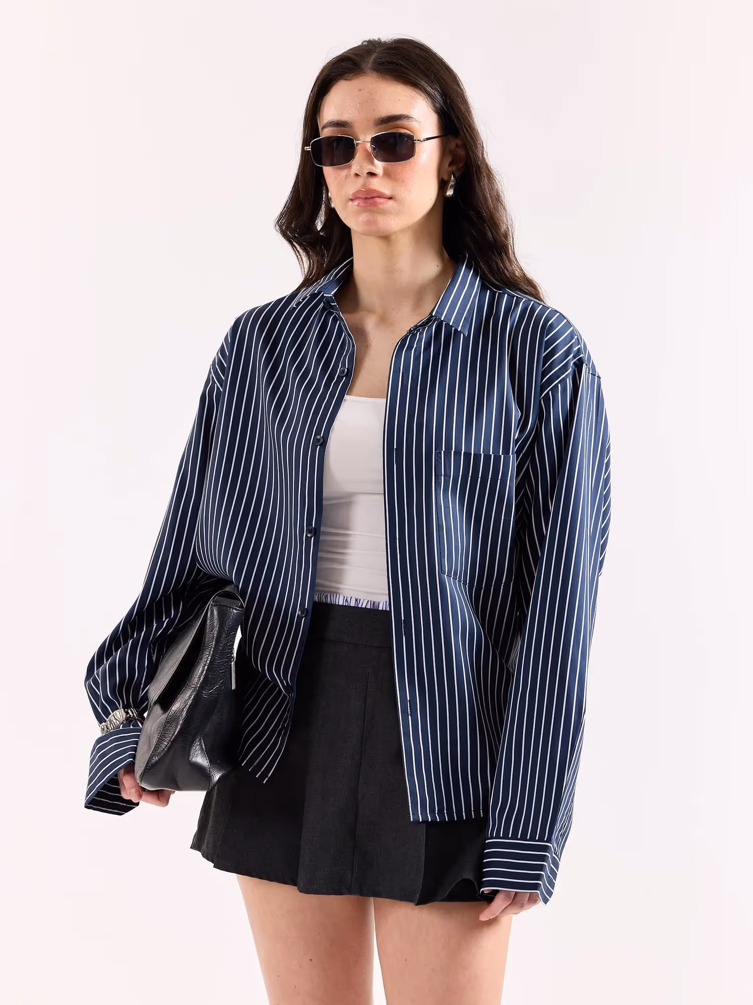 Dark Blue Pinstriped Poplin Oversized Shirt  image 7