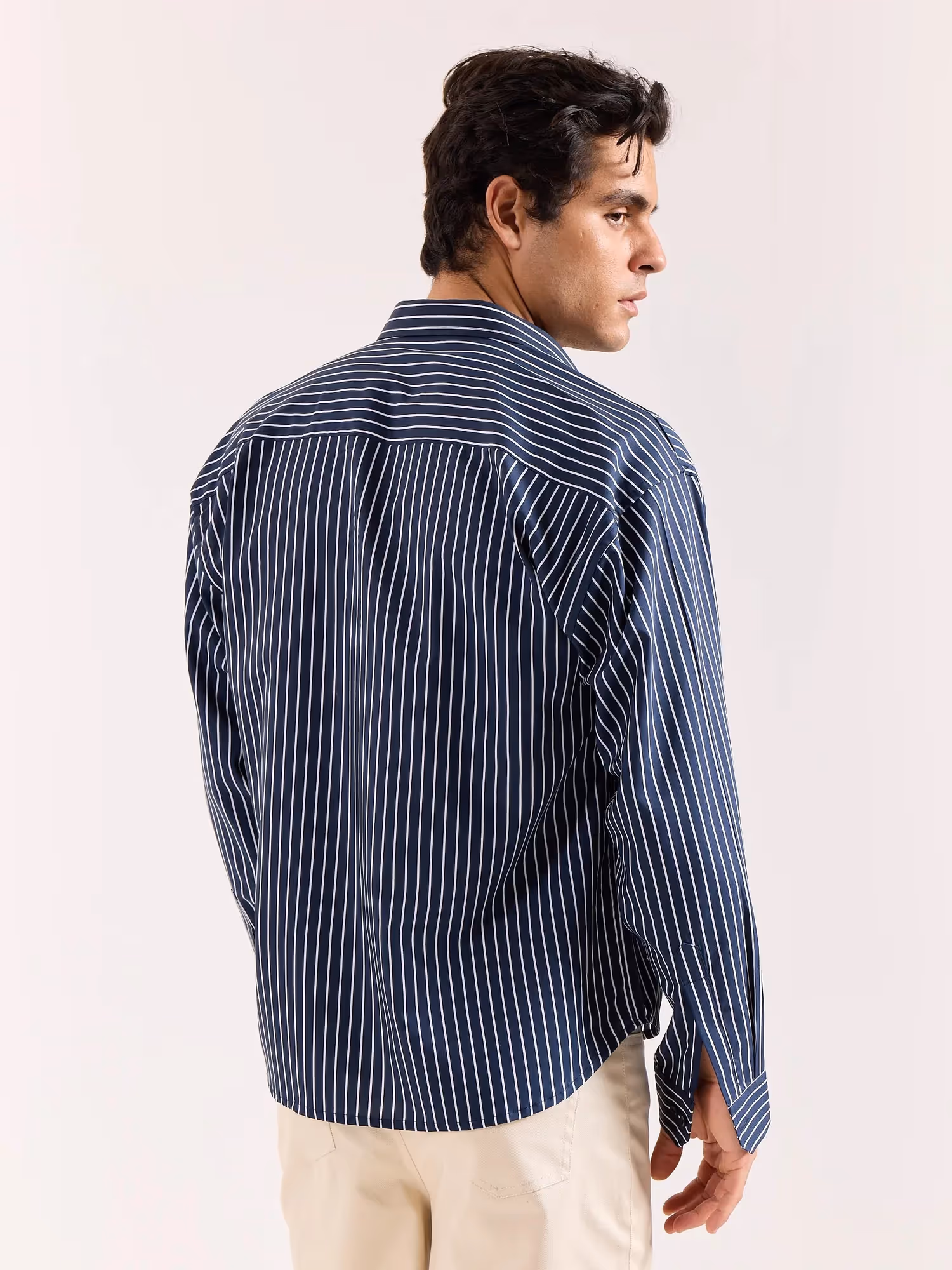 Dark Blue Pinstriped Poplin Oversized Shirt  image 8