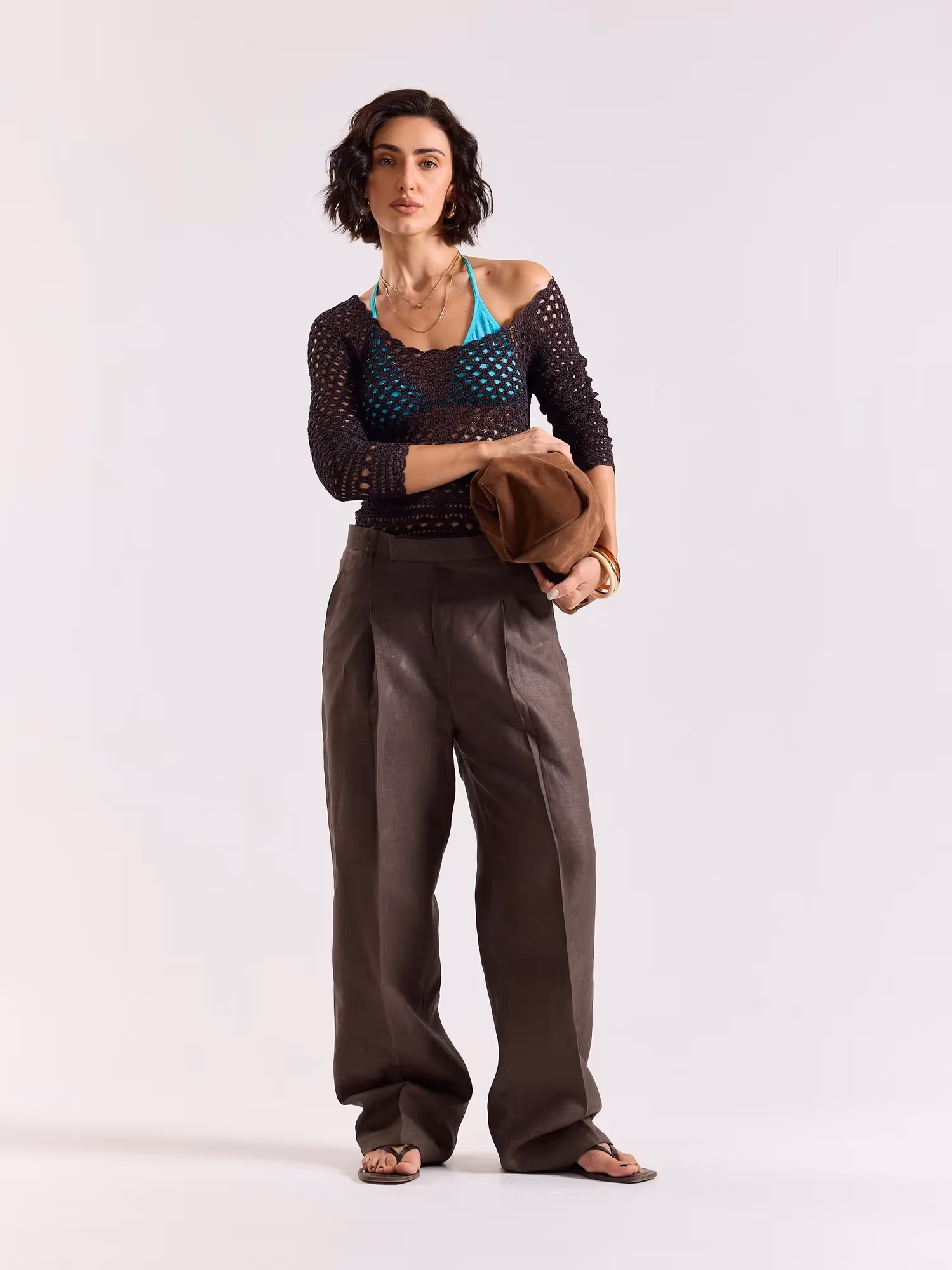 Dark Brown Linen Baggy Trousers  image 2