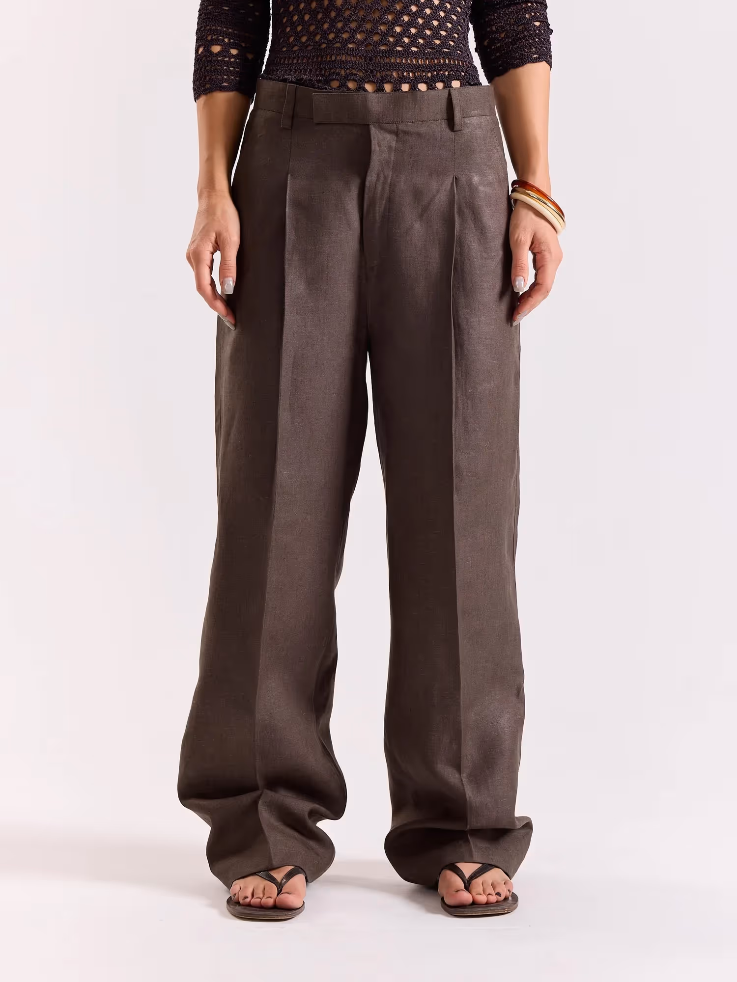 Dark Brown Linen Baggy Trousers  image 4