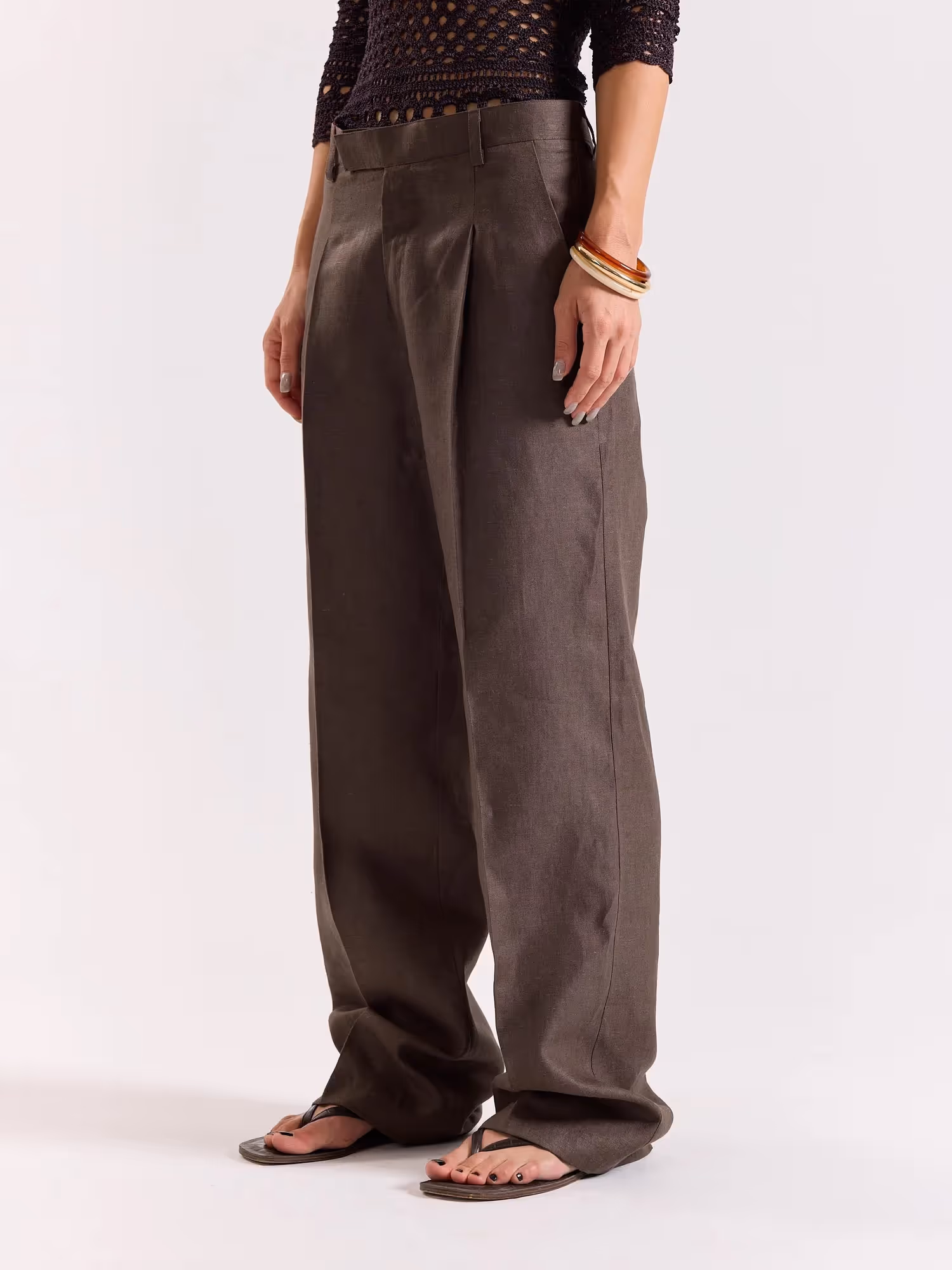 Dark Brown Linen Baggy Trousers  image 5