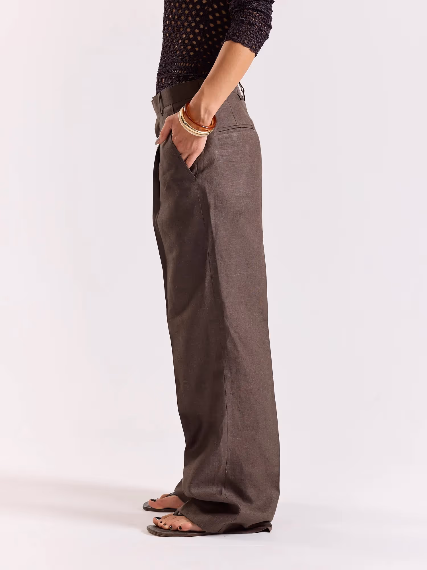 Dark Brown Linen Baggy Trousers  image 8