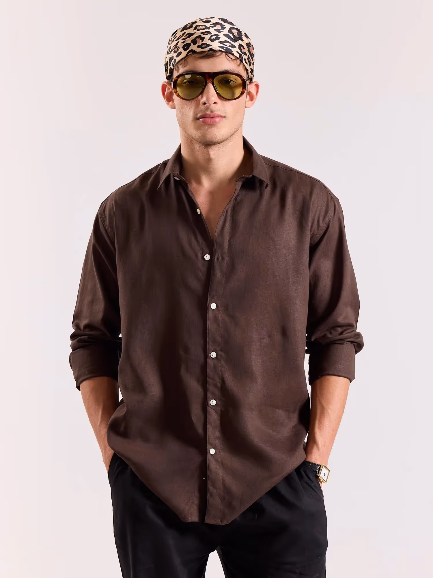 Dark Brown Linen-blend Shirt image 3